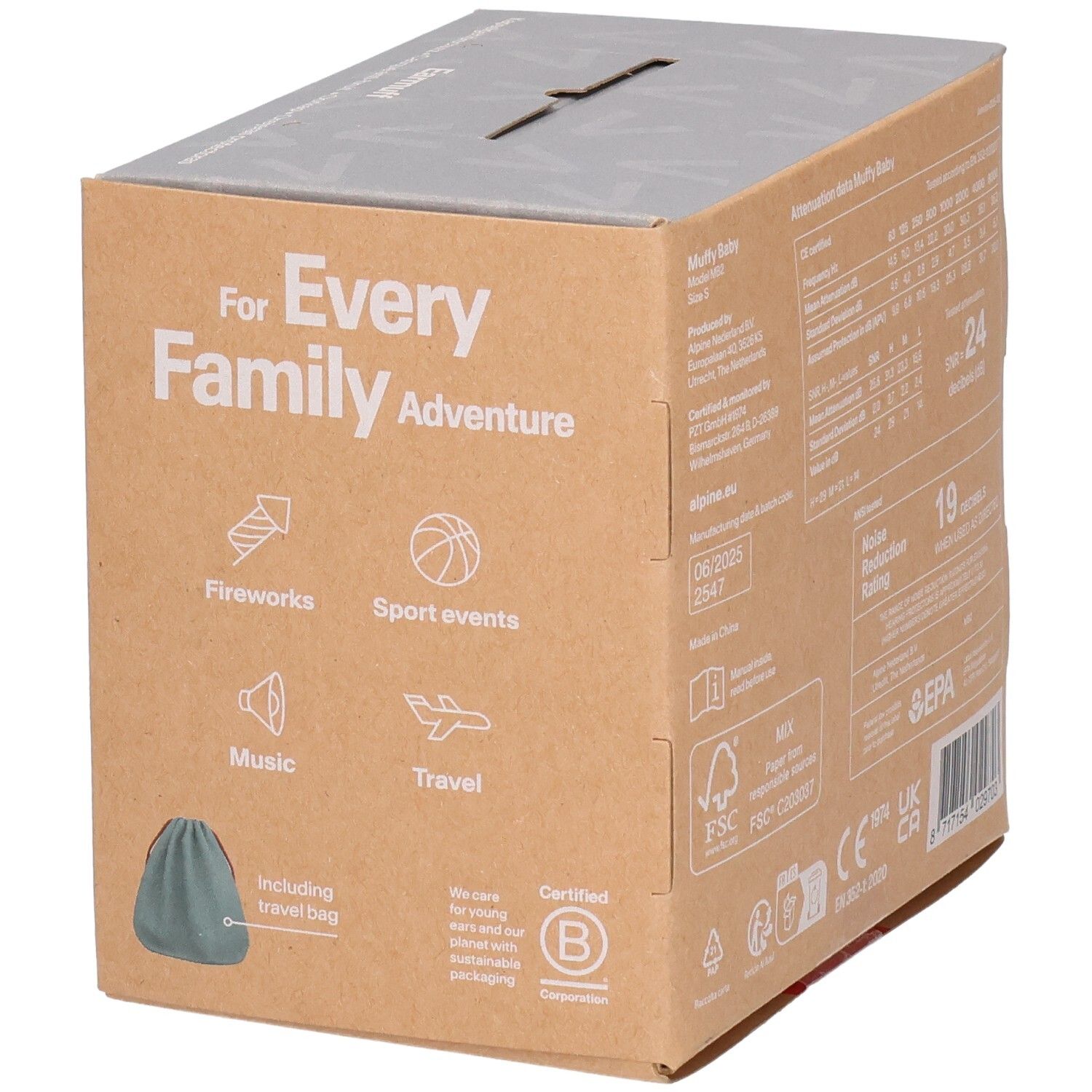 Seitenansicht der Alpine Muffy Baby Verpackung mit Symbolen für Aktivitäten und Reisetasche.