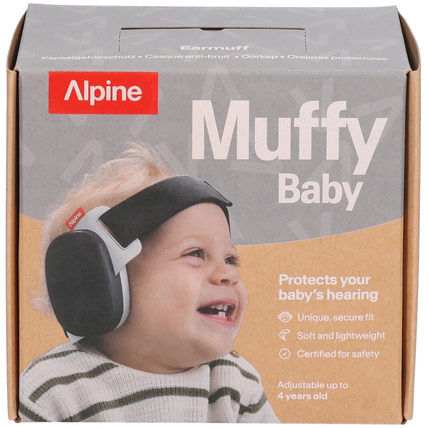 Alpine Muffy Baby Ohrschützer auf Kartonverpackung mit Babyabbildung und Produktmerkmalen.