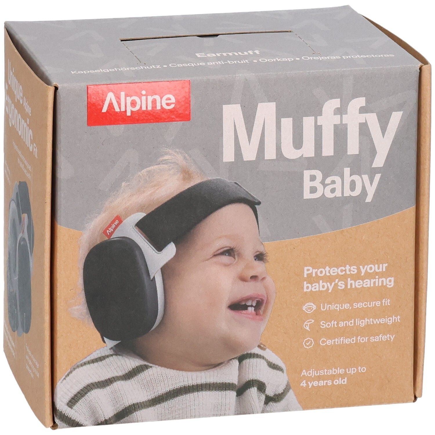 Alpine Muffy Baby Ohrschützer auf Kartonverpackung mit Babyabbildung und Produktmerkmalen.