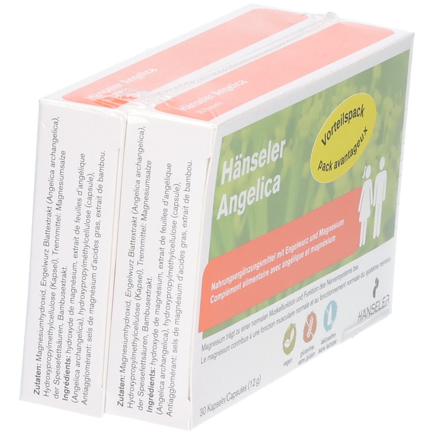 Rückseite HÄNSELER Angelica Kapseln: Zutatenliste mit Engelwurz-Extrakt und Magnesium.