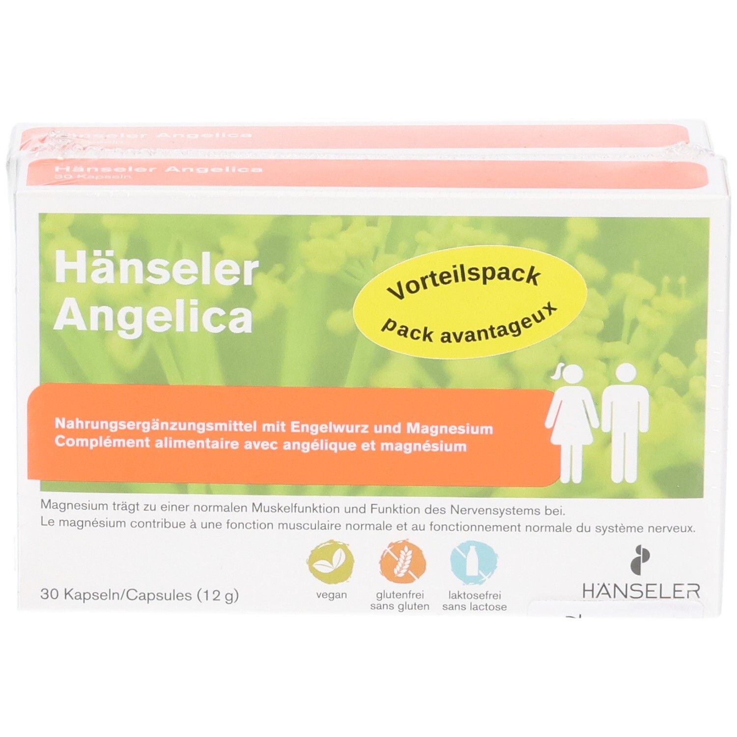Vorderseite HÄNSELER Angelica Kapseln: Vorteilspack mit Engelwurz und Magnesium.