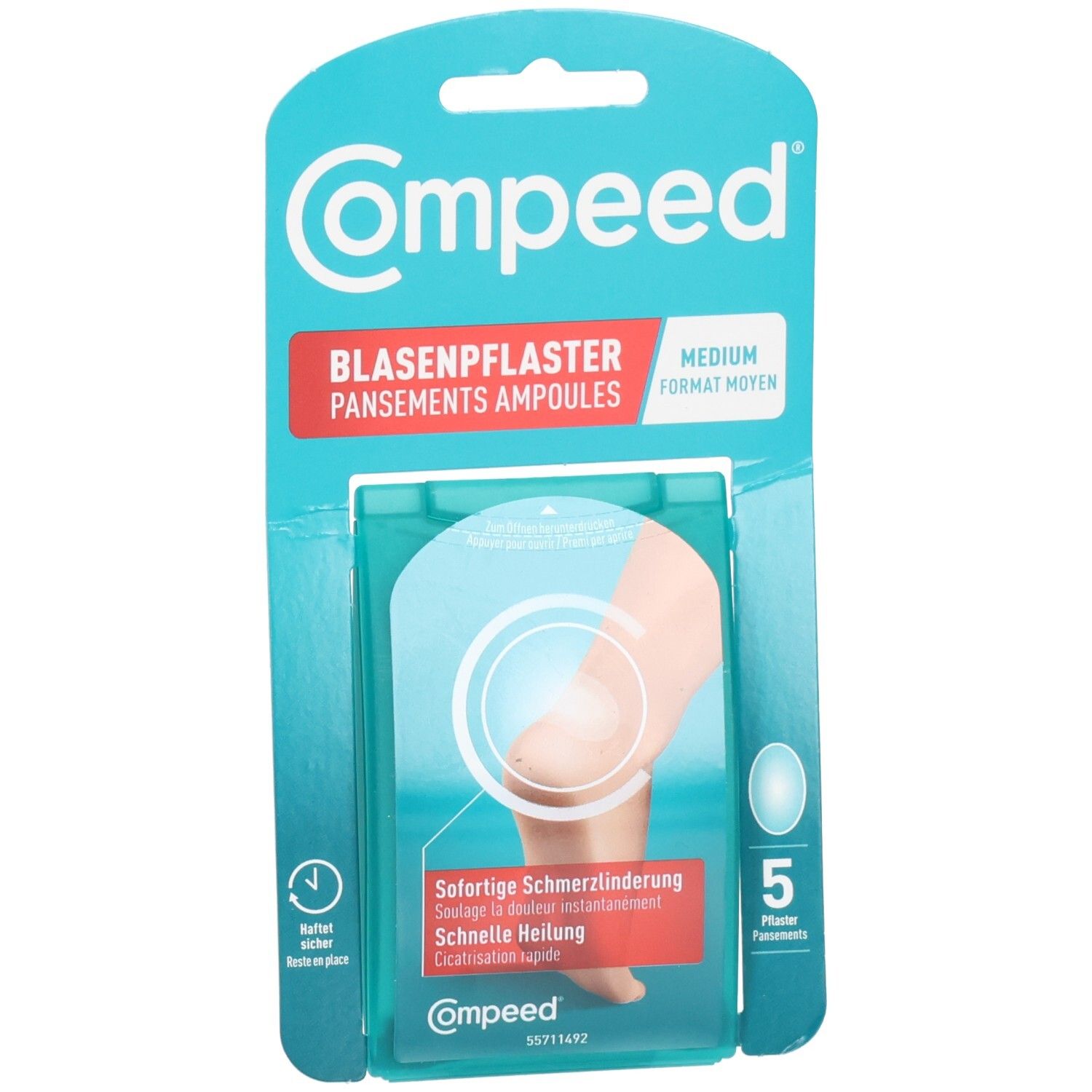 Compeed Blasenpflaster Medium Packung mit 5 Pflastern. Zeigt eine Fußferse mit einem Blasenpflaster.