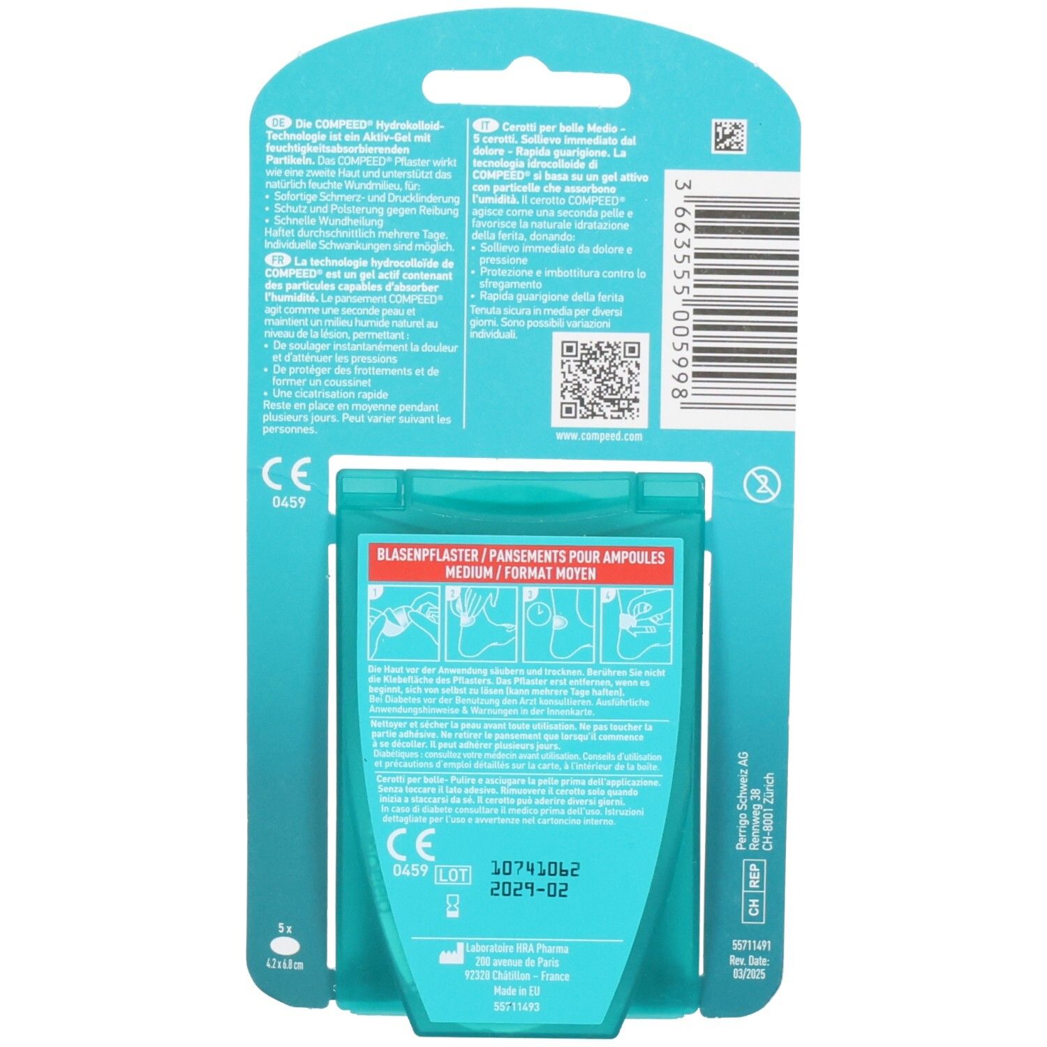 Rückseite der Compeed Blasenpflaster Medium Packung. Enthält Anwendungshinweise und Produktinformationen.