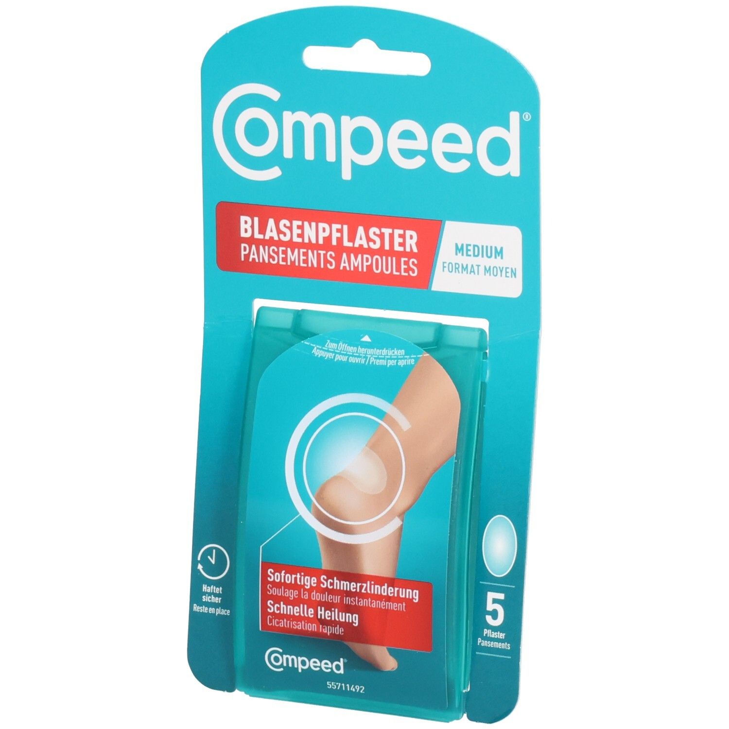 Compeed Blasenpflaster Medium Packung mit 5 Pflastern. Zeigt eine Fußferse mit einem Blasenpflaster.