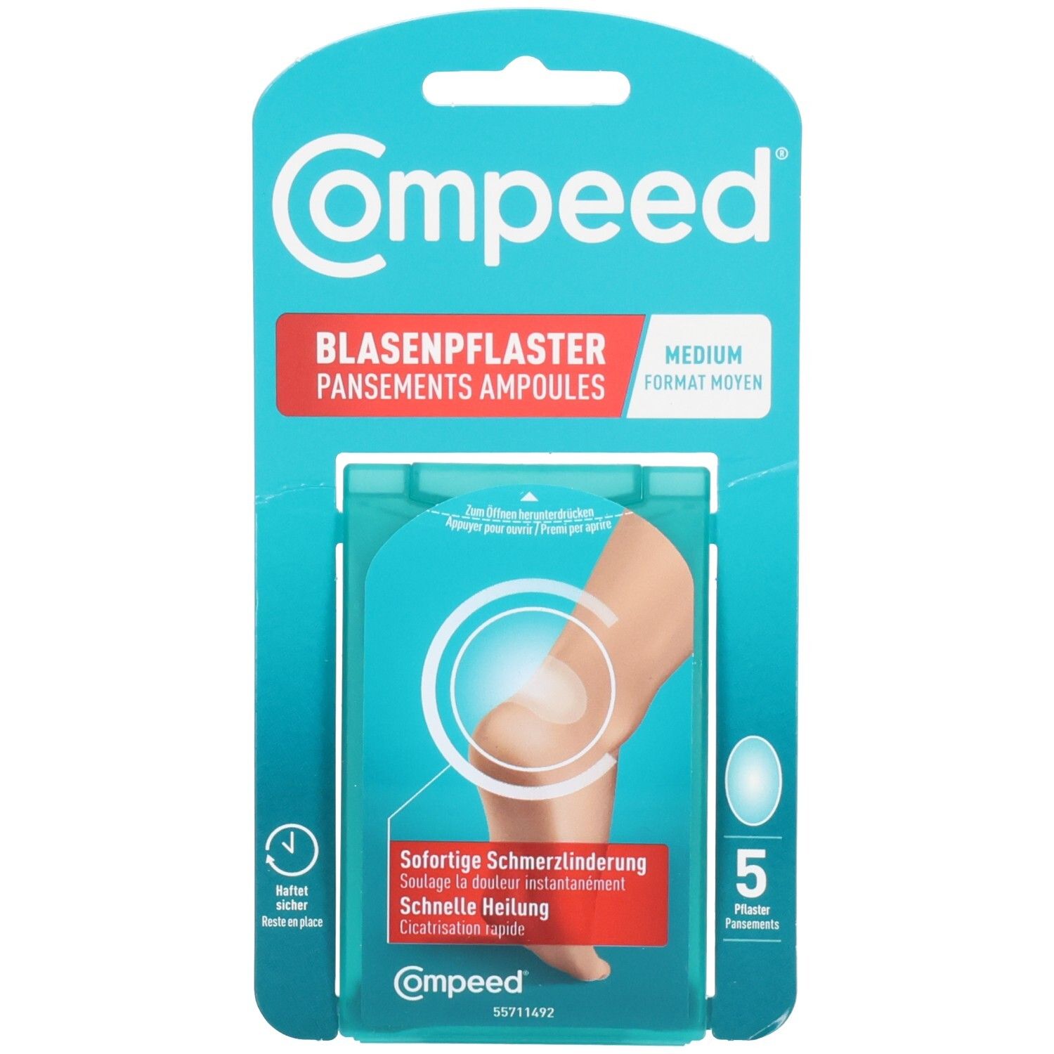 Compeed Blasenpflaster Medium Packung mit 5 Pflastern. Zeigt eine Fußferse mit einem Blasenpflaster.