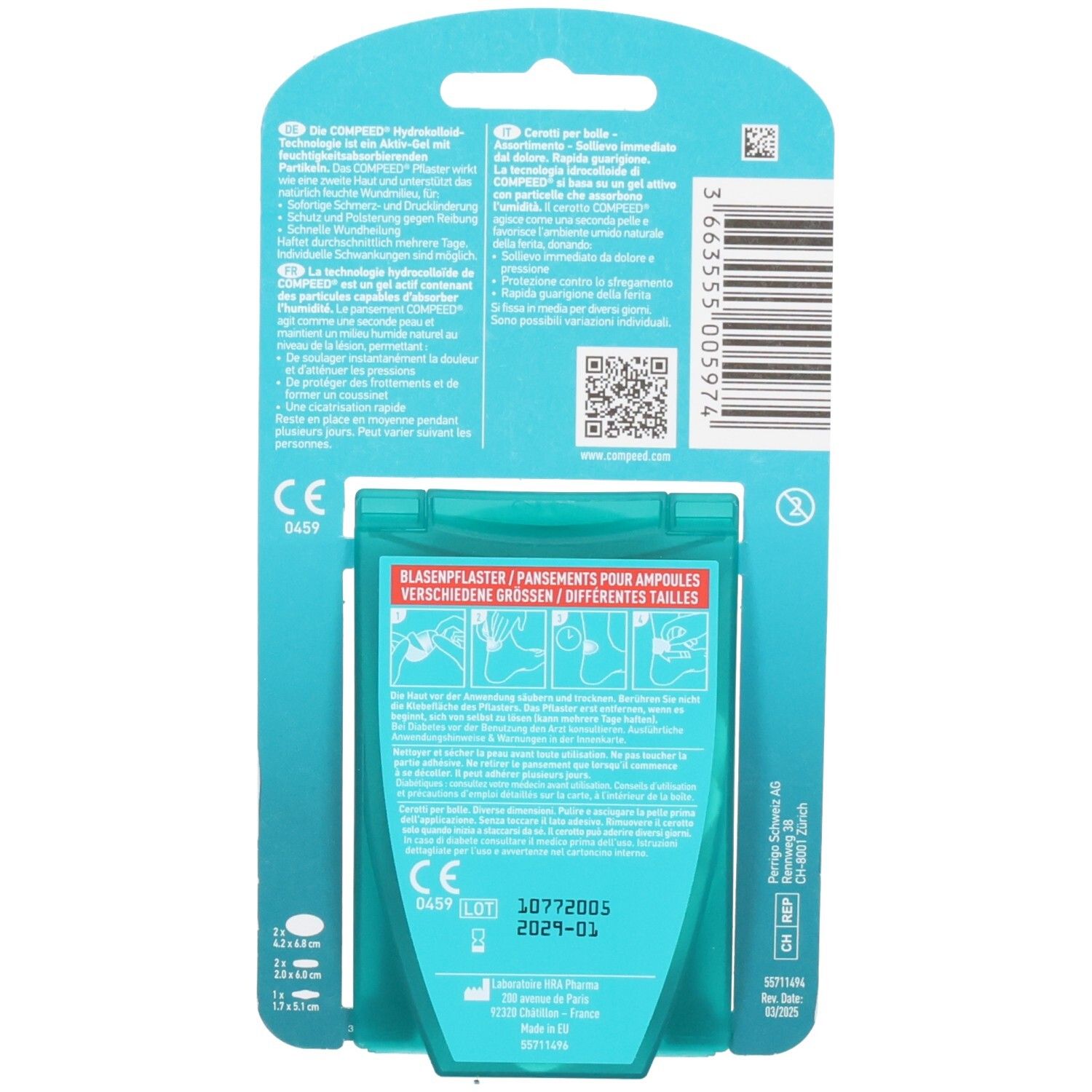 Rückseite Compeed Blasenpflaster Mixpack. Enthält Anwendungshinweise und Produktinformationen in mehreren Sprachen.