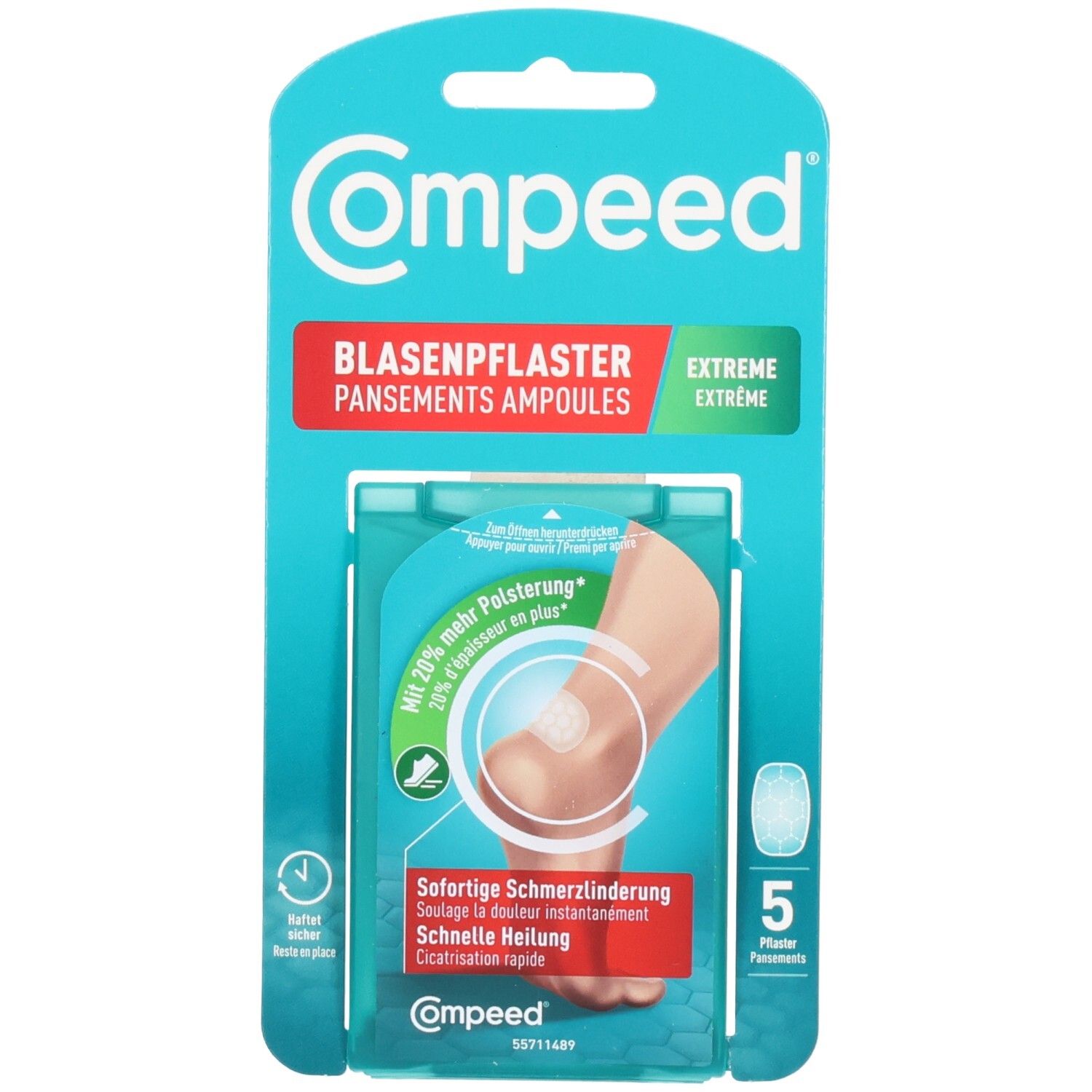 Compeed Blasenpflaster Extreme Packung mit 5 Stück. Zeigt eine Fußferse mit aufgebrachtem Pflaster.