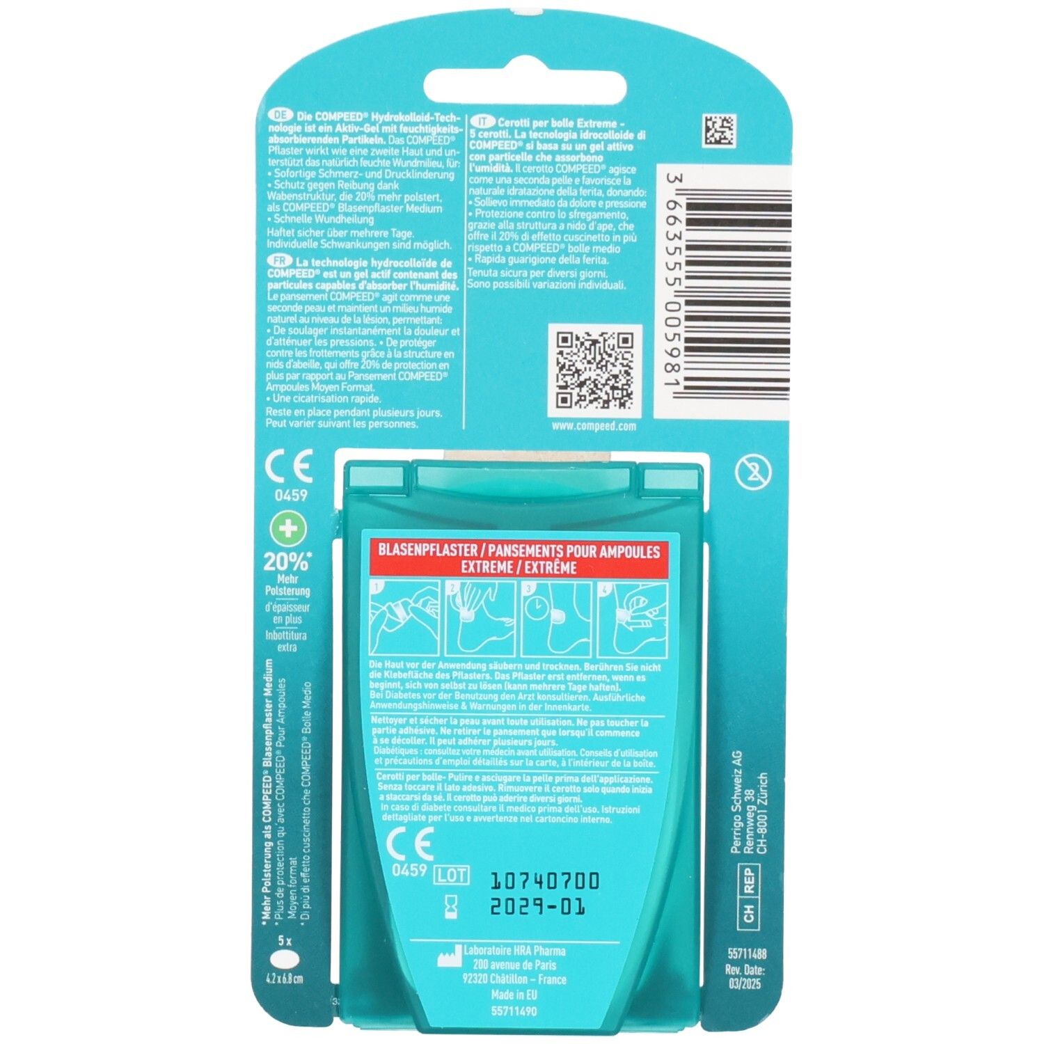 Rückseite der Compeed Blasenpflaster Extreme Packung. Enthält Anwendungshinweise und CE-Kennzeichnung.