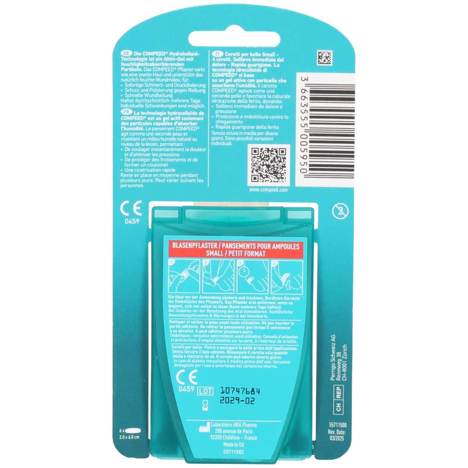 Dos Compeed Pansements Ampoules Small. Contient des instructions d'utilisation et des informations produit.