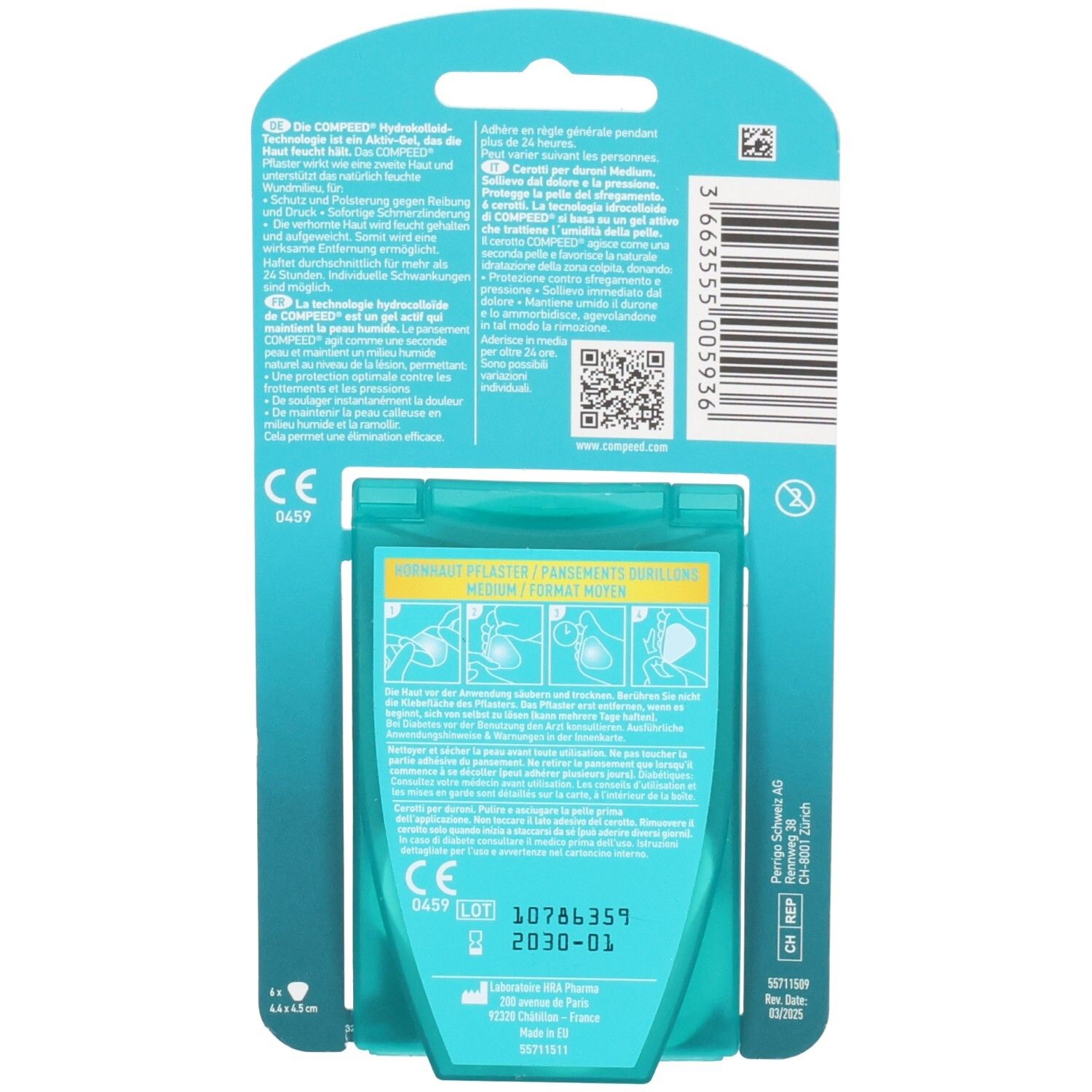 Rückseite der Compeed Hornhaut Pflaster Medium Packung. Enthält 6 Pflaster. CE-Kennzeichnung.