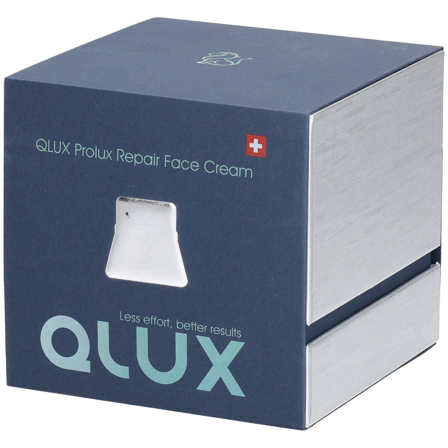 Dunkelblaue quadratische Verpackung mit silbernen Seiten. QLUX Prolux Repair Face Cream. Schweizer Kreuz. Sichtfenster.
