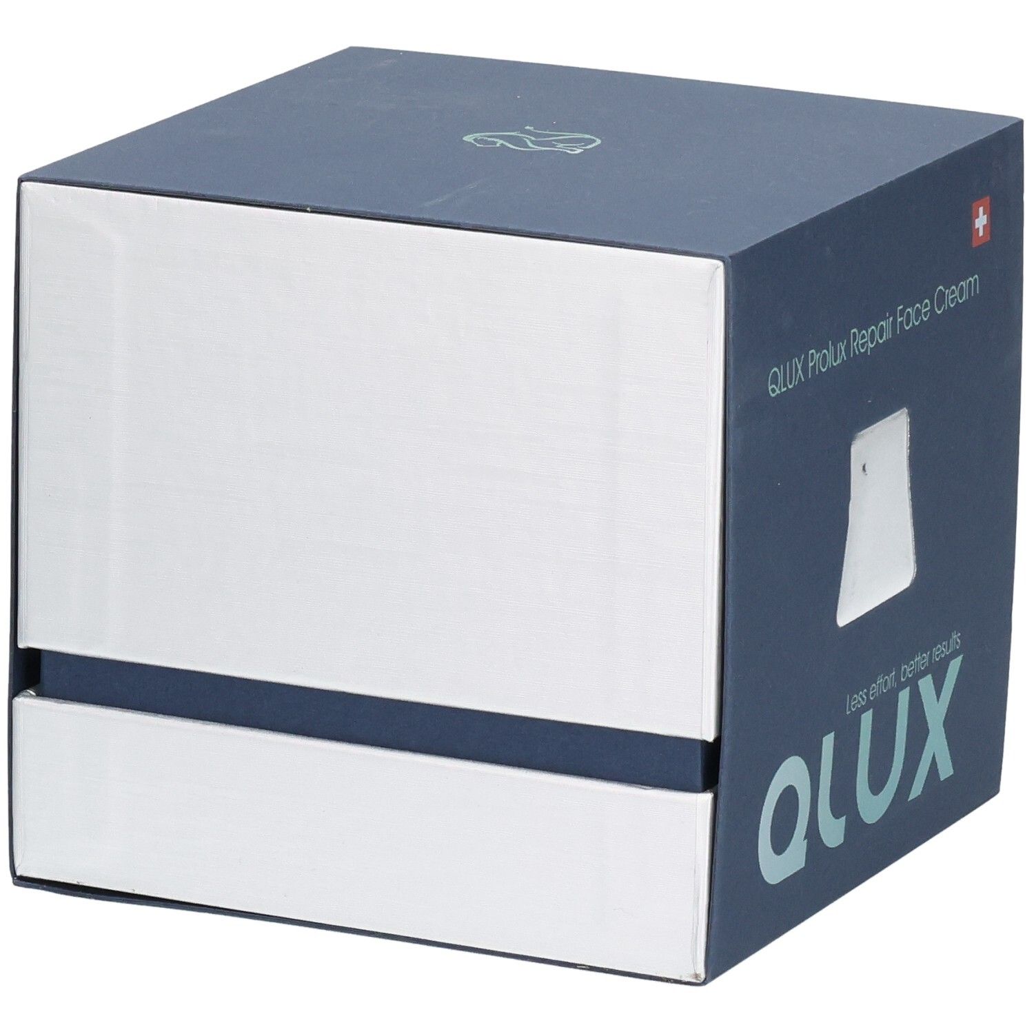Dunkelblaue quadratische Verpackung mit silbernen Seiten. QLUX Prolux Repair Face Cream. Schweizer Kreuz. Sichtfenster.