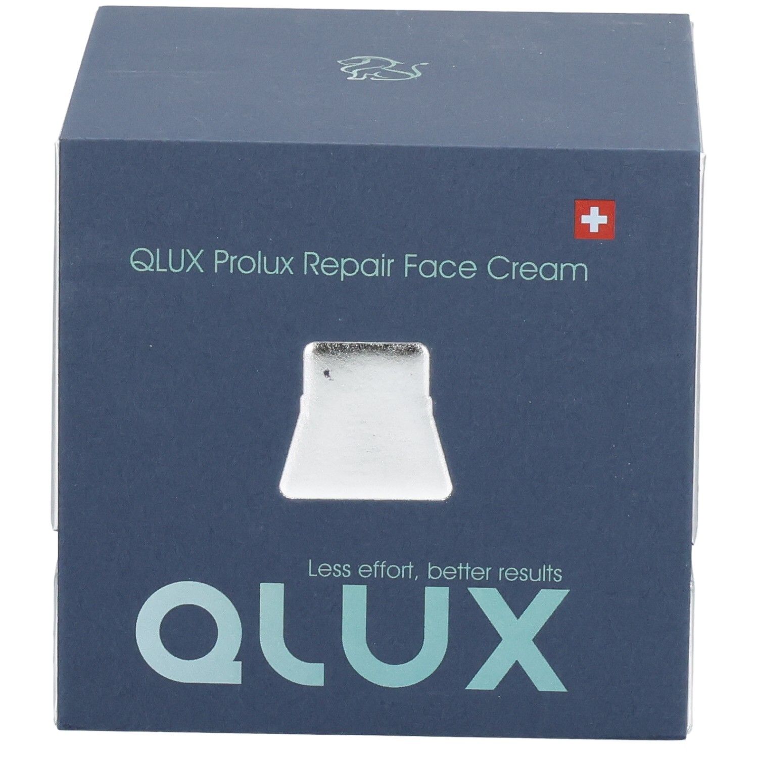 Dunkelblaue quadratische Verpackung mit silbernen Seiten. QLUX Prolux Repair Face Cream. Schweizer Kreuz. Sichtfenster.