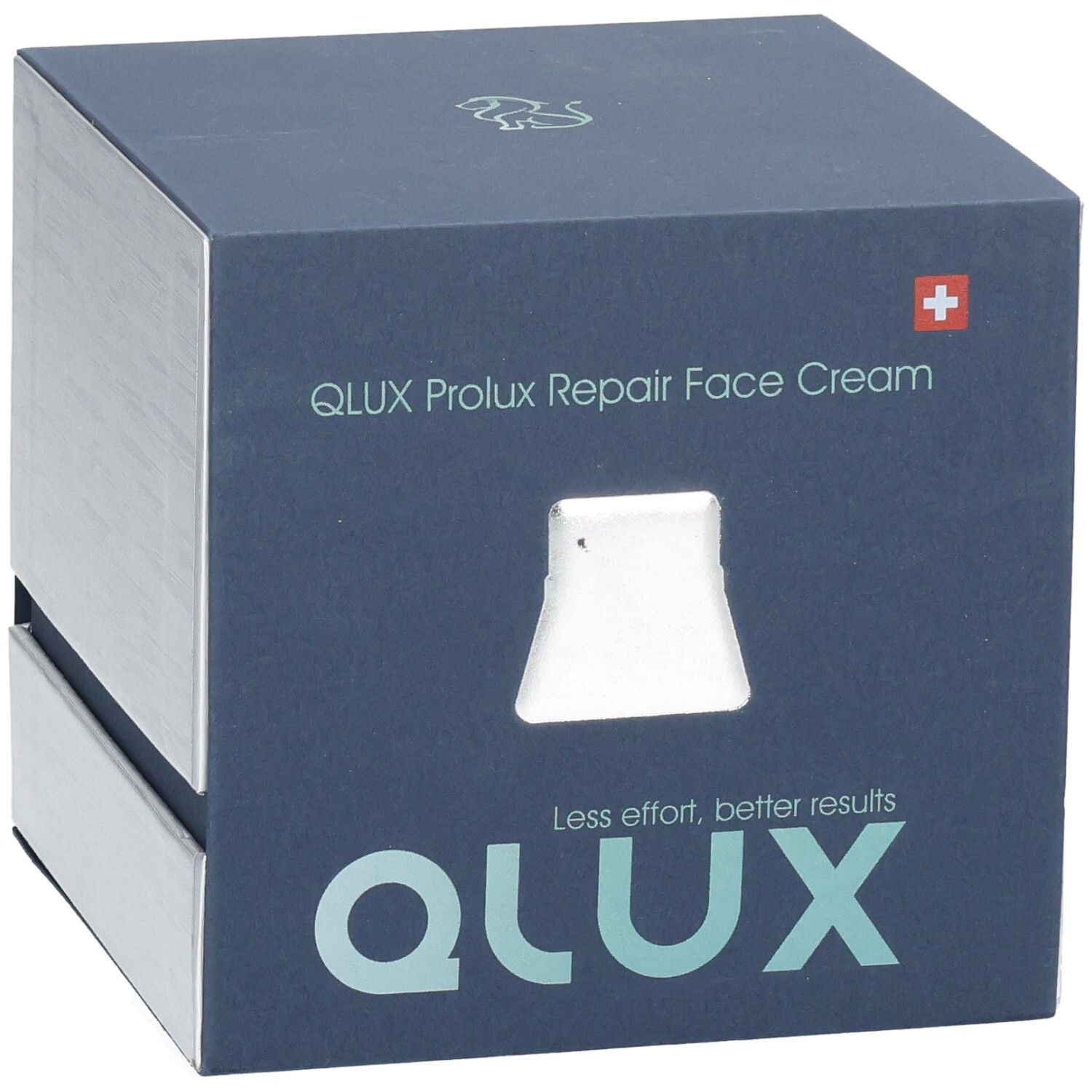Dunkelblaue quadratische Verpackung mit silbernen Seiten. QLUX Prolux Repair Face Cream. Schweizer Kreuz. Sichtfenster.