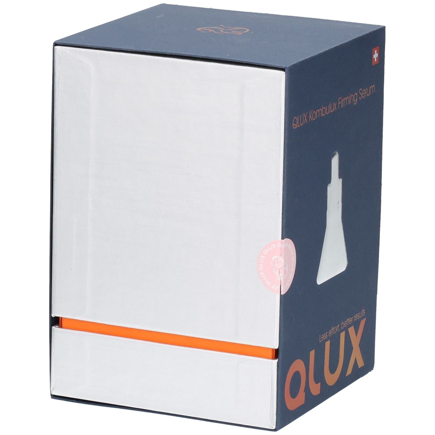 Emballage, blanc et bleu foncé. Bande orange. Croix suisse. QLUX Kombulux Firming Serum. Sceau.