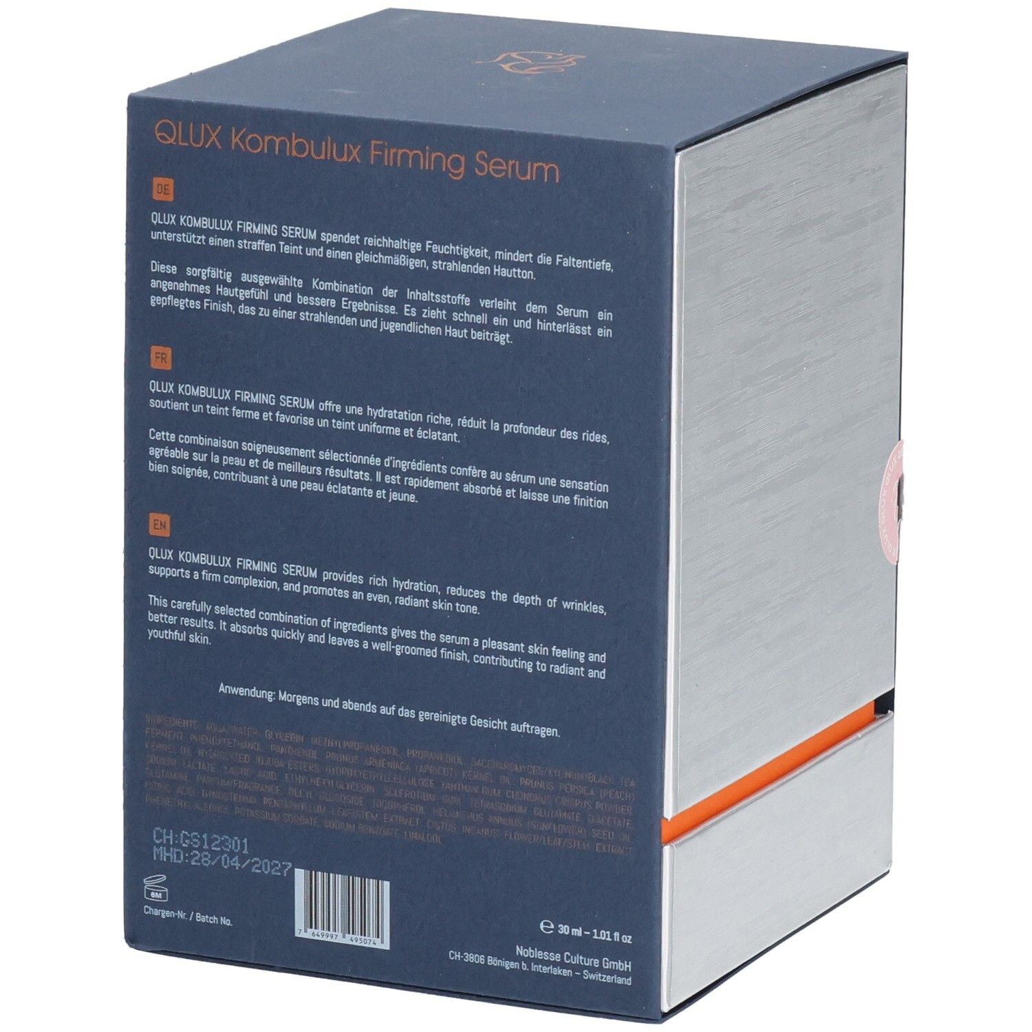 Dos de l'emballage. Texte en allemand, français et anglais. Croix suisse. QLUX Kombulux Firming Serum.
