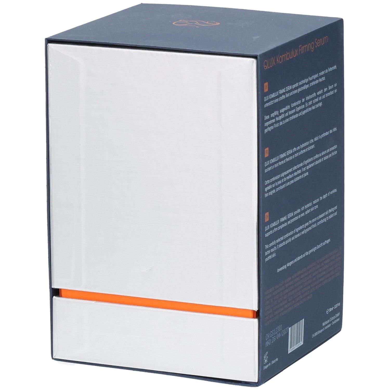 Emballage, blanc et bleu foncé. Bande orange. QLUX Kombulux Firming Serum. Texte.