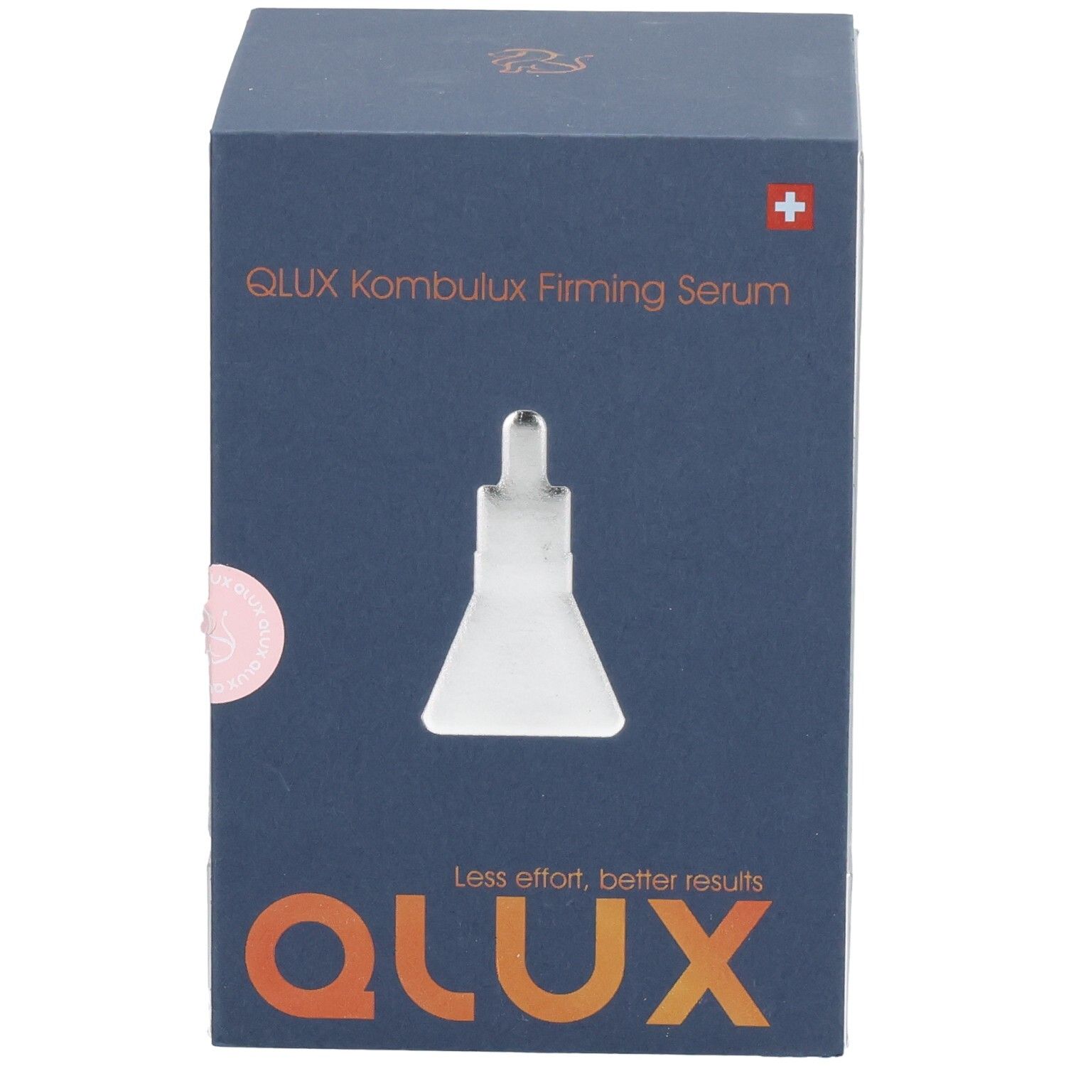 Boîte bleu foncé avec illustration du produit. Croix suisse. QLUX Kombulux Firming Serum. Logo QLUX.