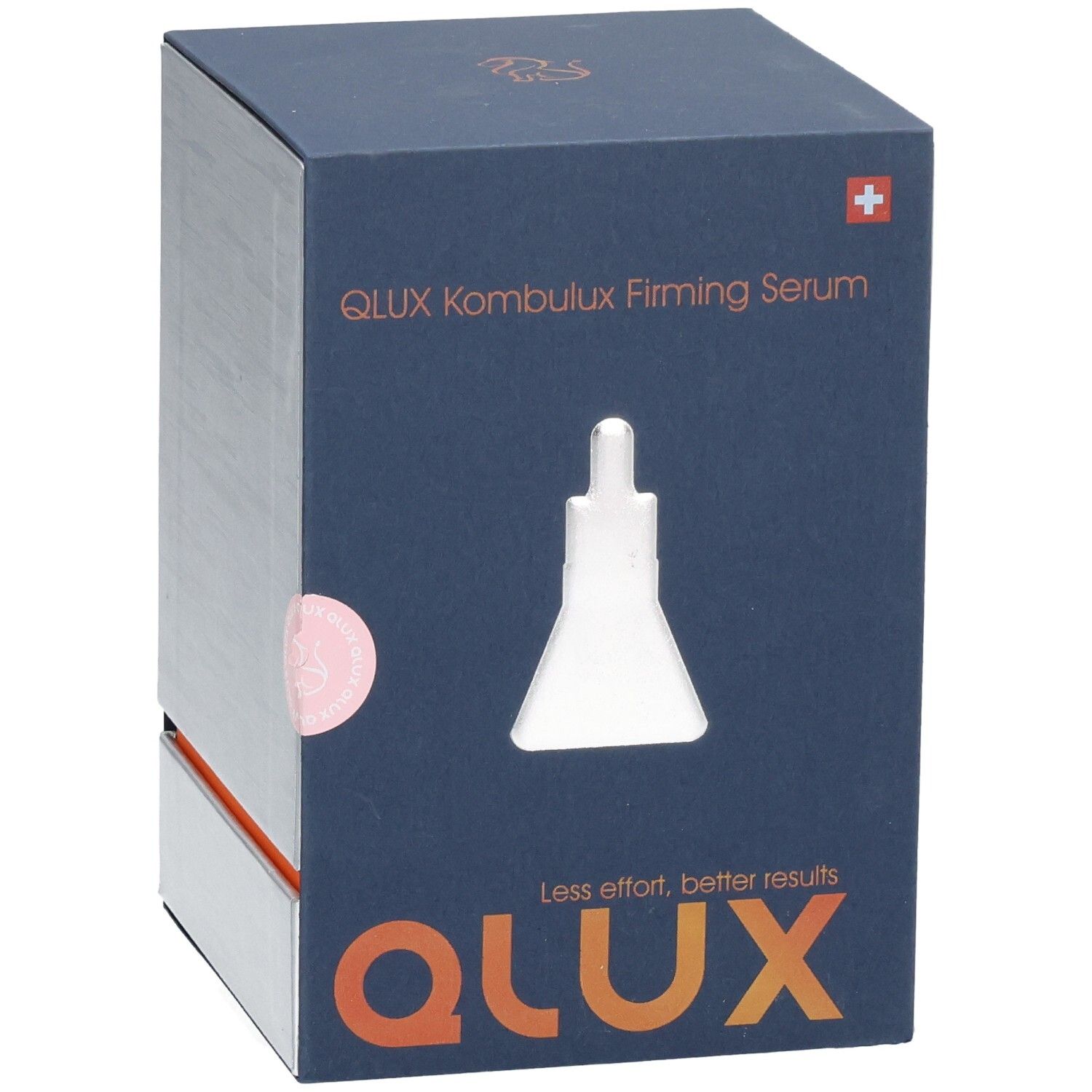 Boîte bleu foncé avec illustration du produit. Croix suisse. QLUX Kombulux Firming Serum. Logo QLUX.