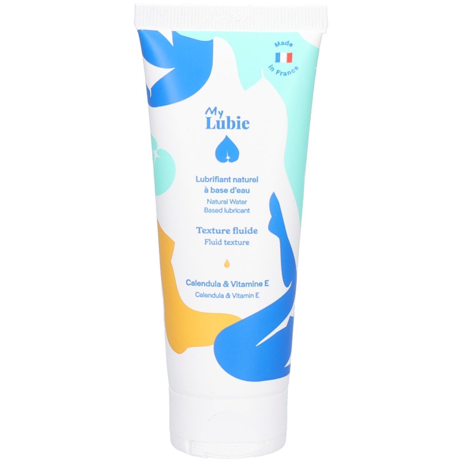 Weiße Tube mit blau-gelbem Design. Aufschrift: My Lubie, Natürliches Gleitmittel, Textur fluide, Calendula & Vitamin E. Hergestellt in Frankreich.