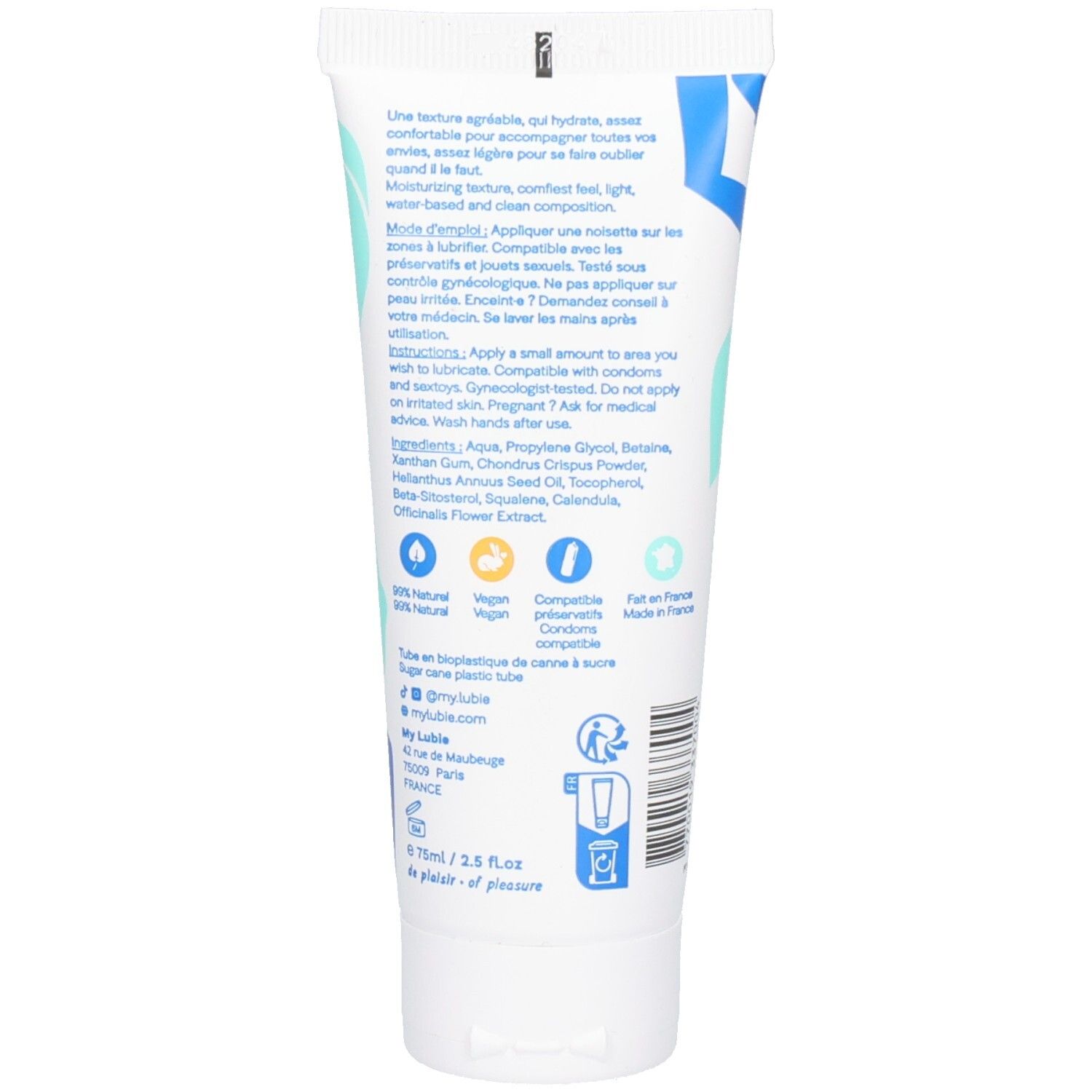 Rückseite der Tube. Text, Inhaltsstoffe, Hinweise zur Anwendung, Kompatibilität mit Kondomen, vegan, hergestellt in Frankreich. 75ml.