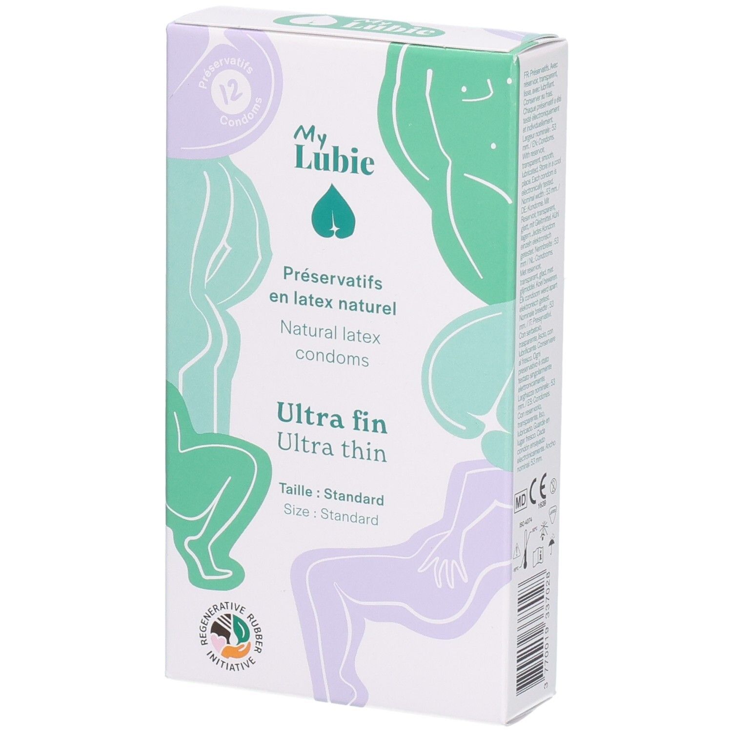 Schachtel mit Kondomen. Aufschrift: My Lubie, Ultra fin, Standardgröße. Abbildung von Körpern.