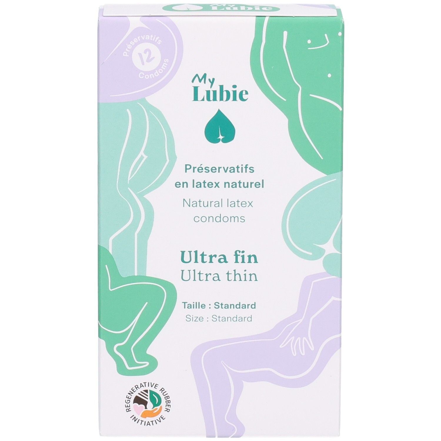 Kondom-Schachtel. Aufschrift: My Lubie, Ultra fin, Standardgröße. Abbildung von Körpern.