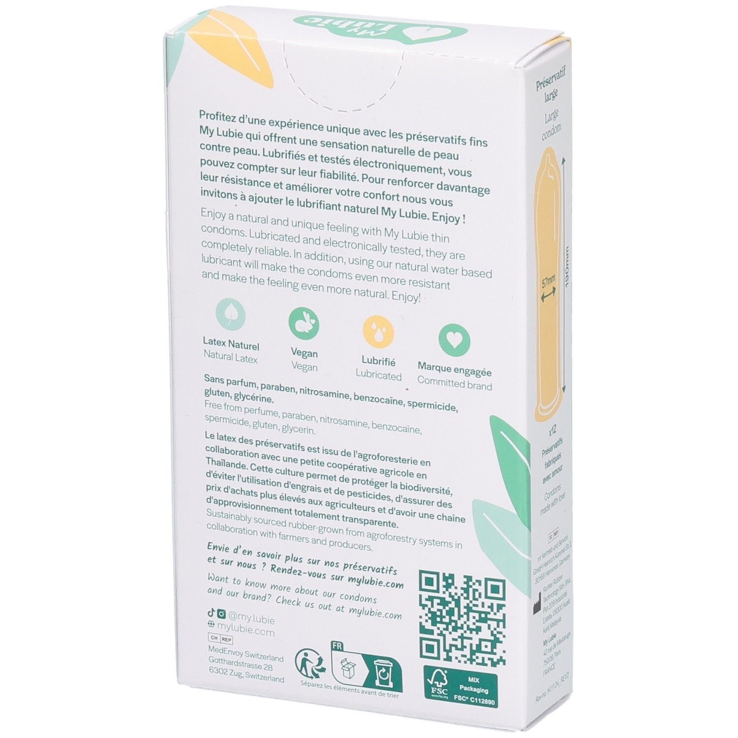 Rückseite der Kondom-Schachtel. Informationen zu Inhaltsstoffen, Zertifizierungen und QR-Code. Vegan, Lubrifié, Latex Naturel, Fair Trade.