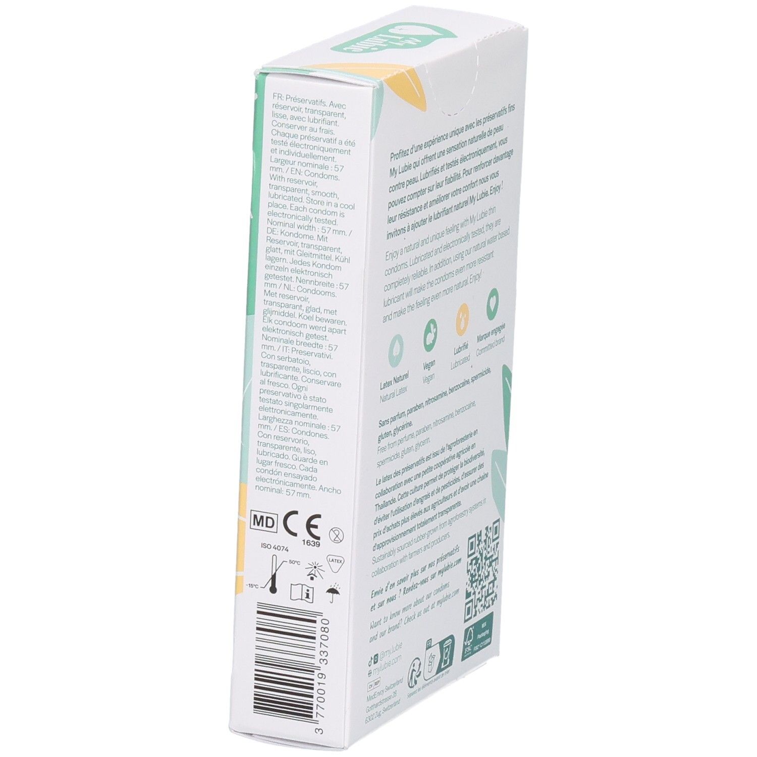 Seite der Kondom-Schachtel. Informationen zu Inhaltsstoffen, Zertifizierungen und QR-Code. CE-Kennzeichnung. Vegan, Lubrifié, Latex Naturel, Fair Trade.