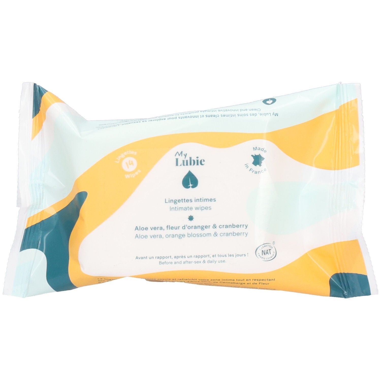 Paquet de lingettes intimes. Sachet blanc avec motifs jaunes et bleus. Nom du produit et ingrédients visibles.