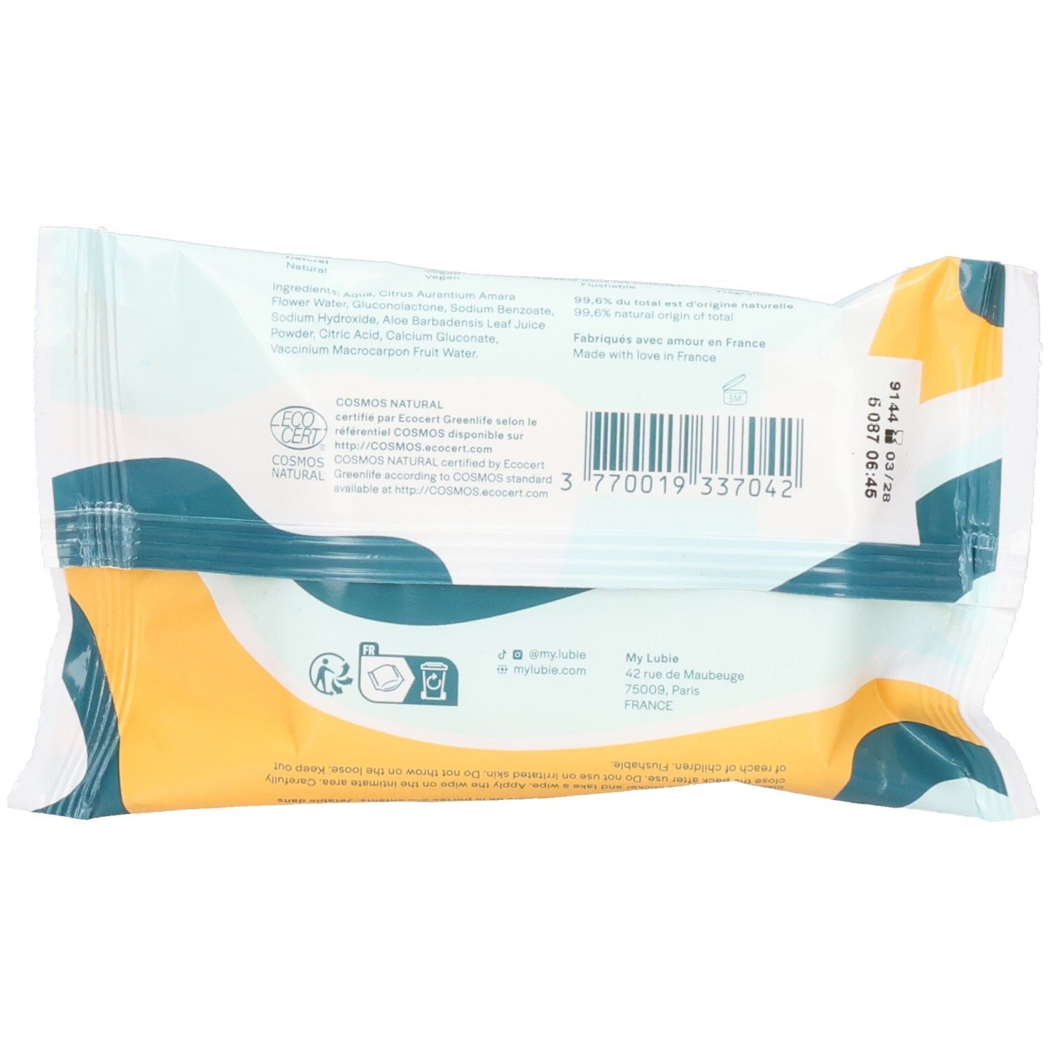Dos du paquet de lingettes intimes. Film blanc avec détails jaunes. Texte et code-barres visibles.