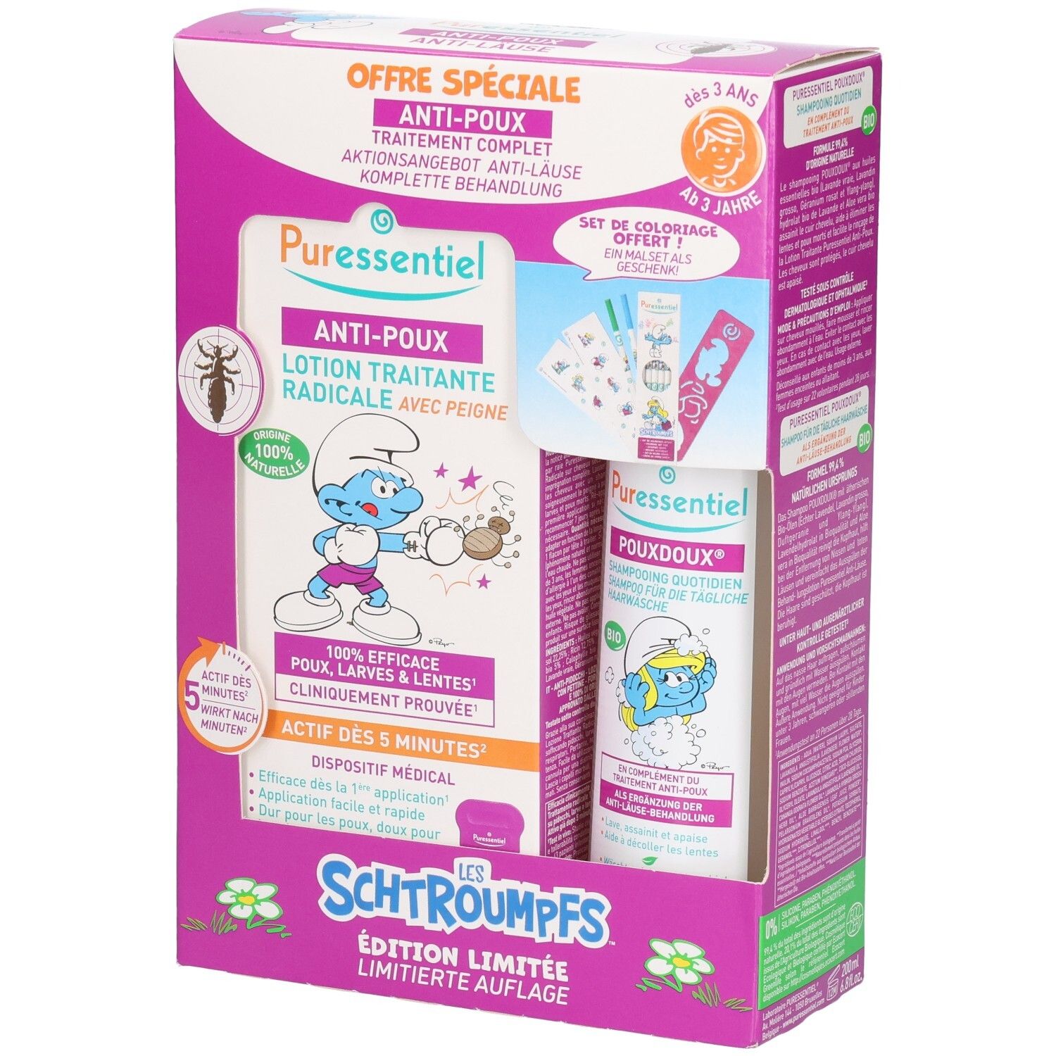 Puressentiel Lotion anti-poux et shampooing, édition Schtroumpfs, avec peigne et set de coloriage.