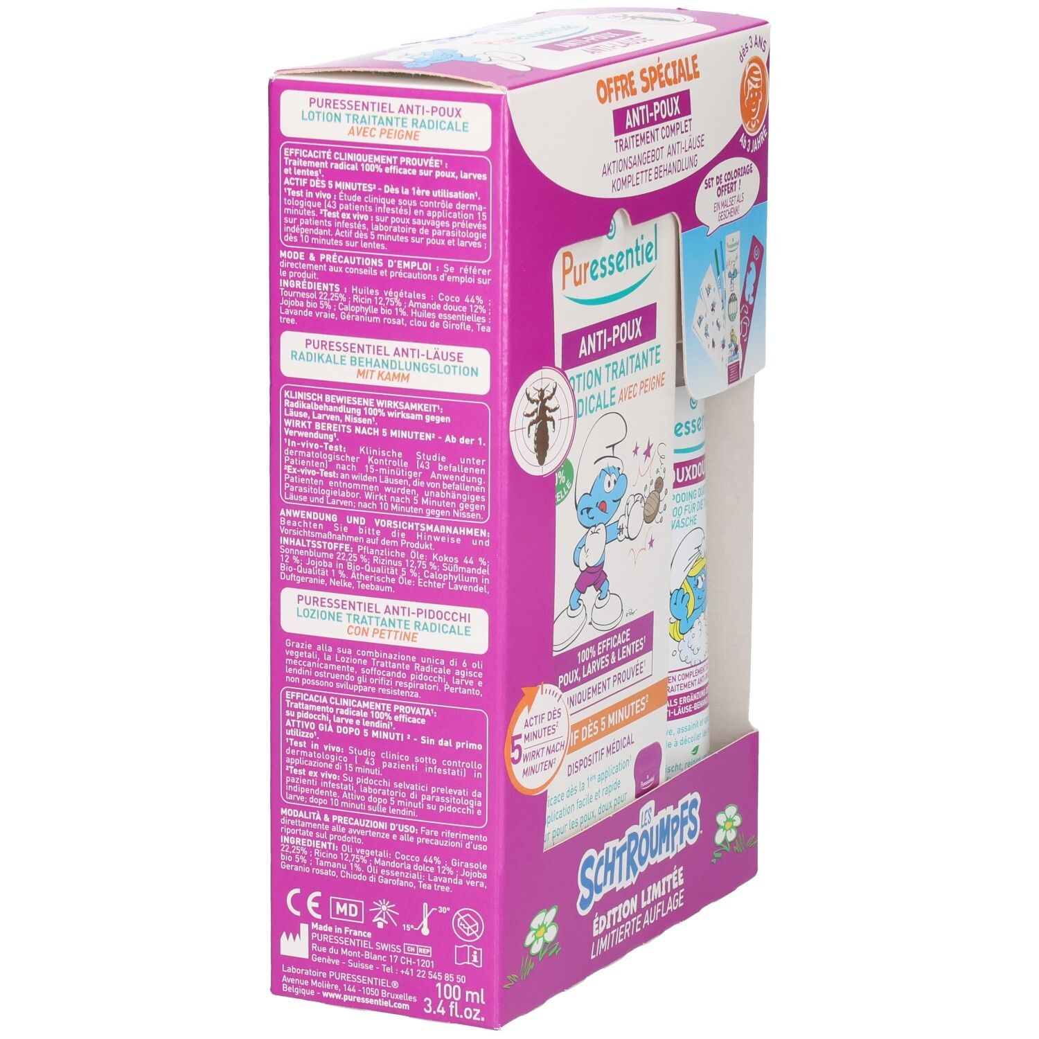 Arrière de la boîte Puressentiel lotion anti-poux et shampooing, édition Schtroumpfs, avec informations produit.