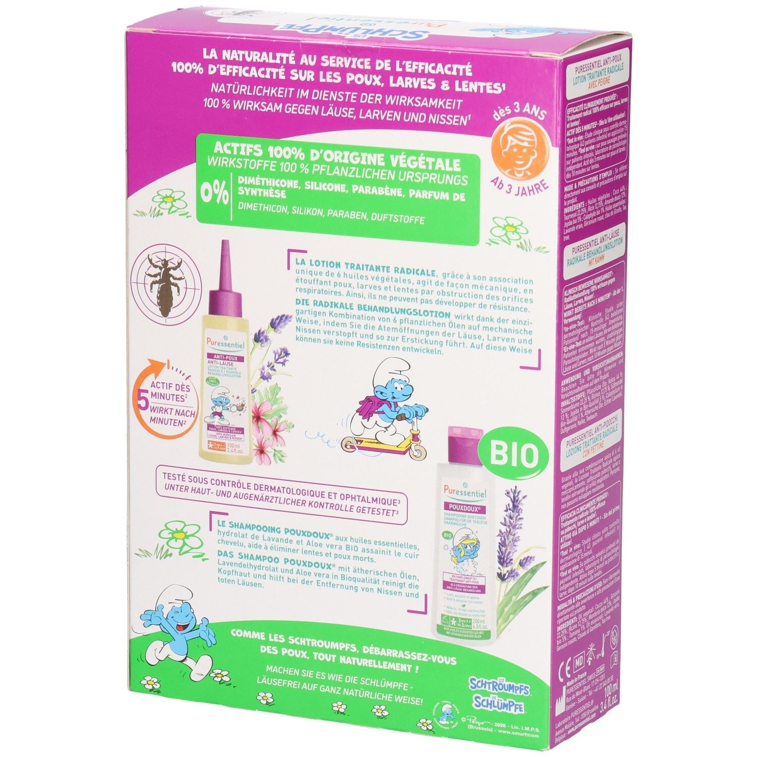 Vue latérale de la boîte Puressentiel lotion anti-poux et shampooing, édition Schtroumpfs, avec illustrations produit.