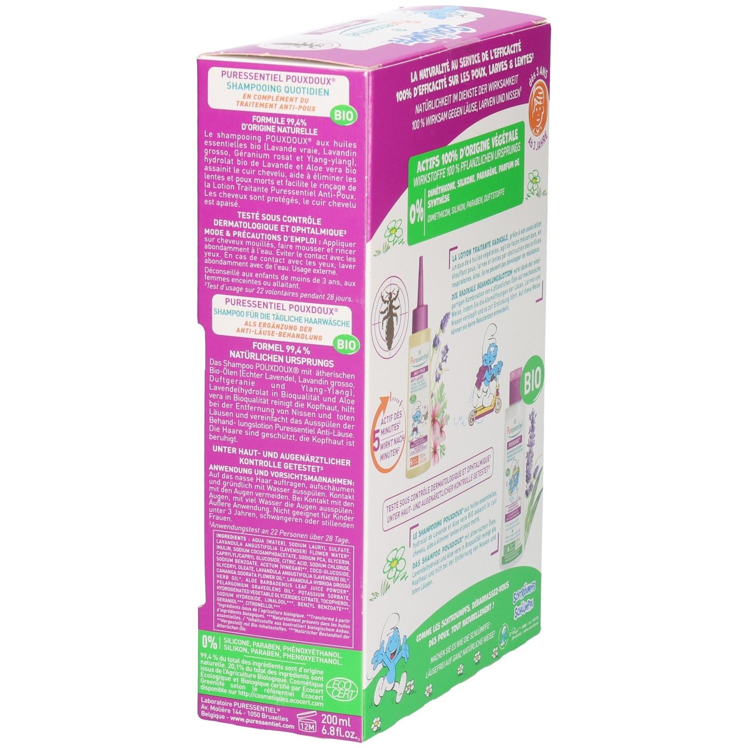Vue latérale de la boîte Puressentiel lotion anti-poux et shampooing, édition Schtroumpfs, avec illustrations produit.