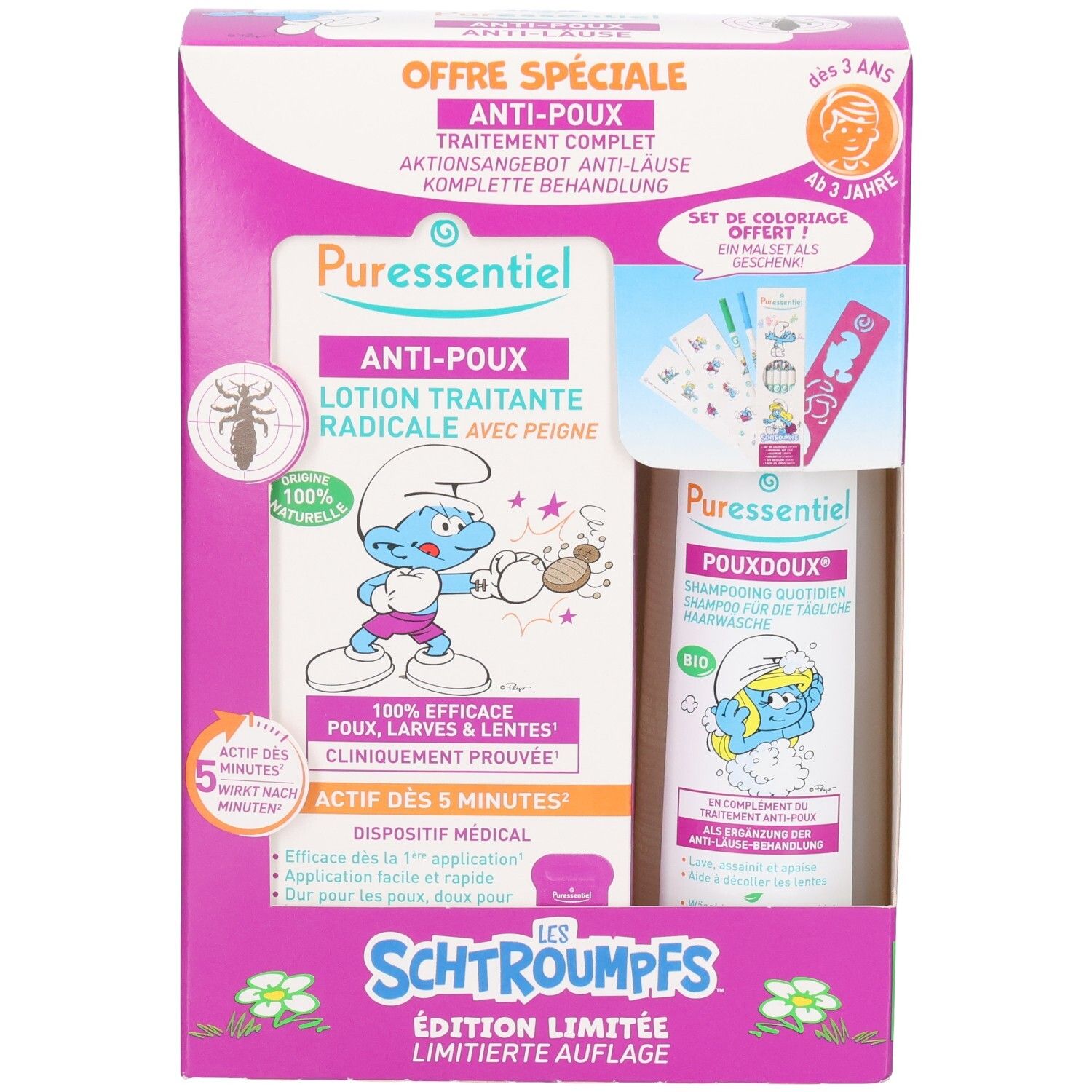 Puressentiel Lotion anti-poux et shampooing, édition Schtroumpfs, avec peigne et set de coloriage.
