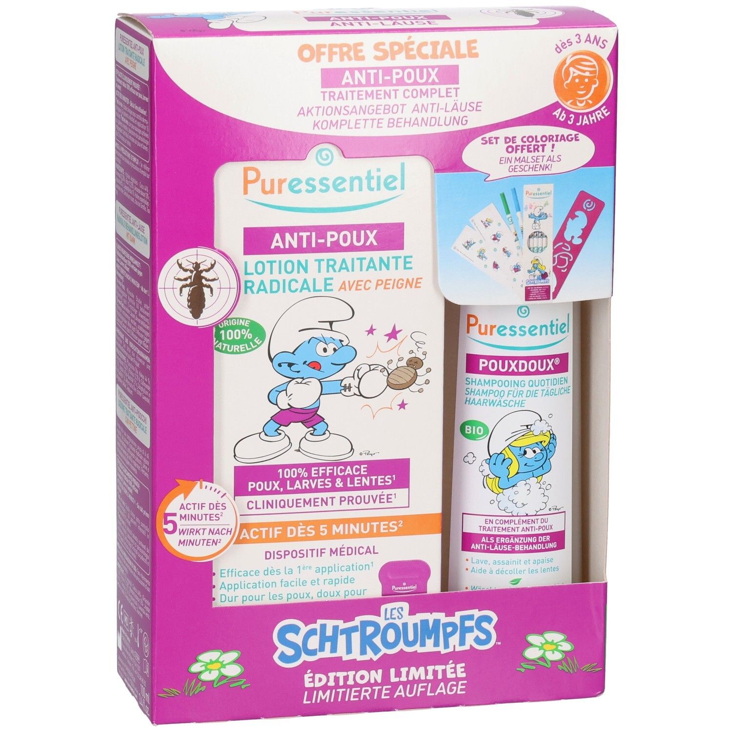 Puressentiel Lotion anti-poux et shampooing, édition Schtroumpfs, avec peigne et set de coloriage.