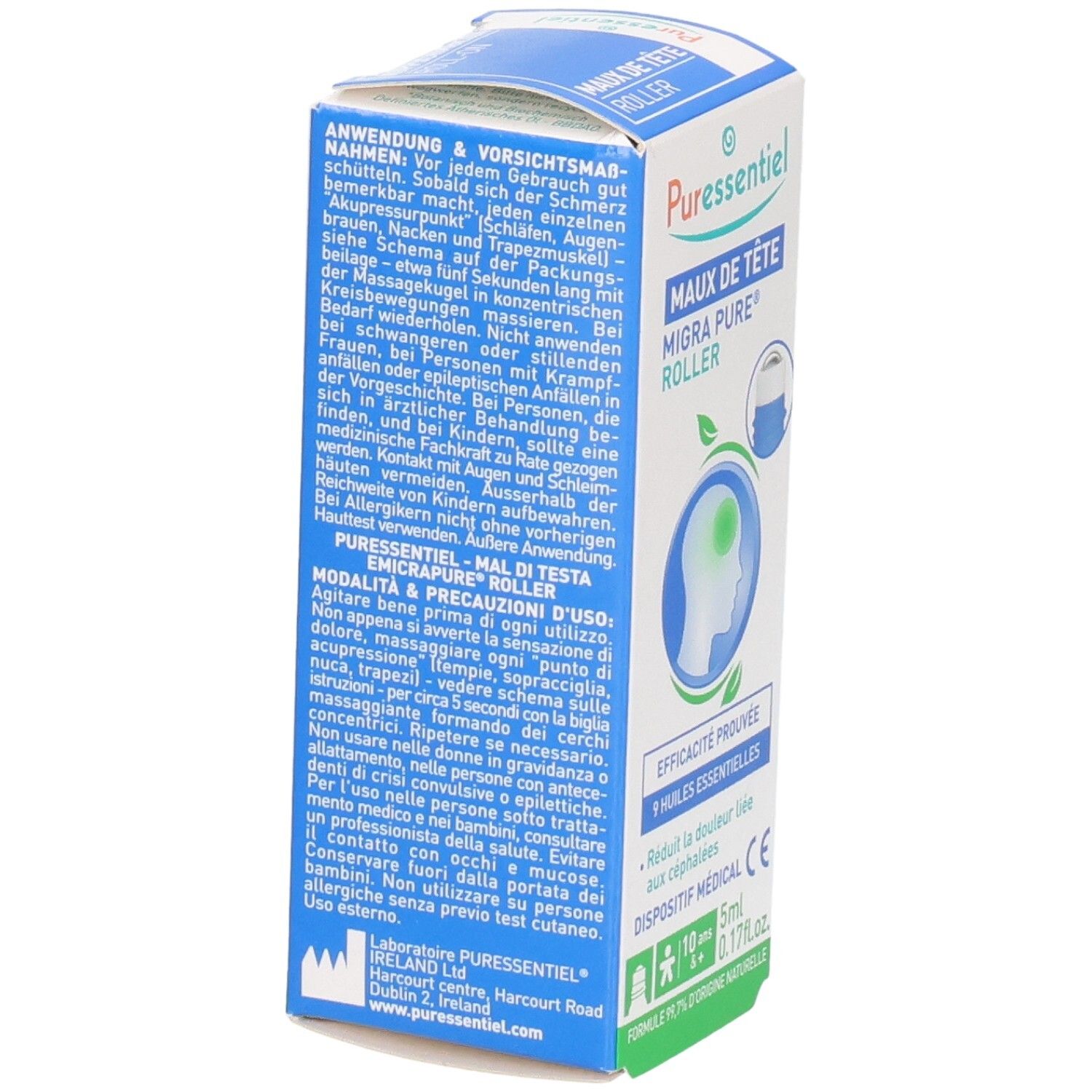 Rückseite der Puressentiel Migra Pure Roller Schachtel mit detaillierten Anwendungshinweisen.