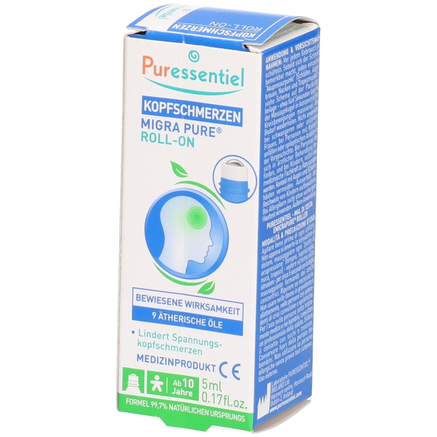 Puressentiel Migra Pure Roll-On Schachtel mit Kopfschmerz-Symbol und Anwendungshinweisen.