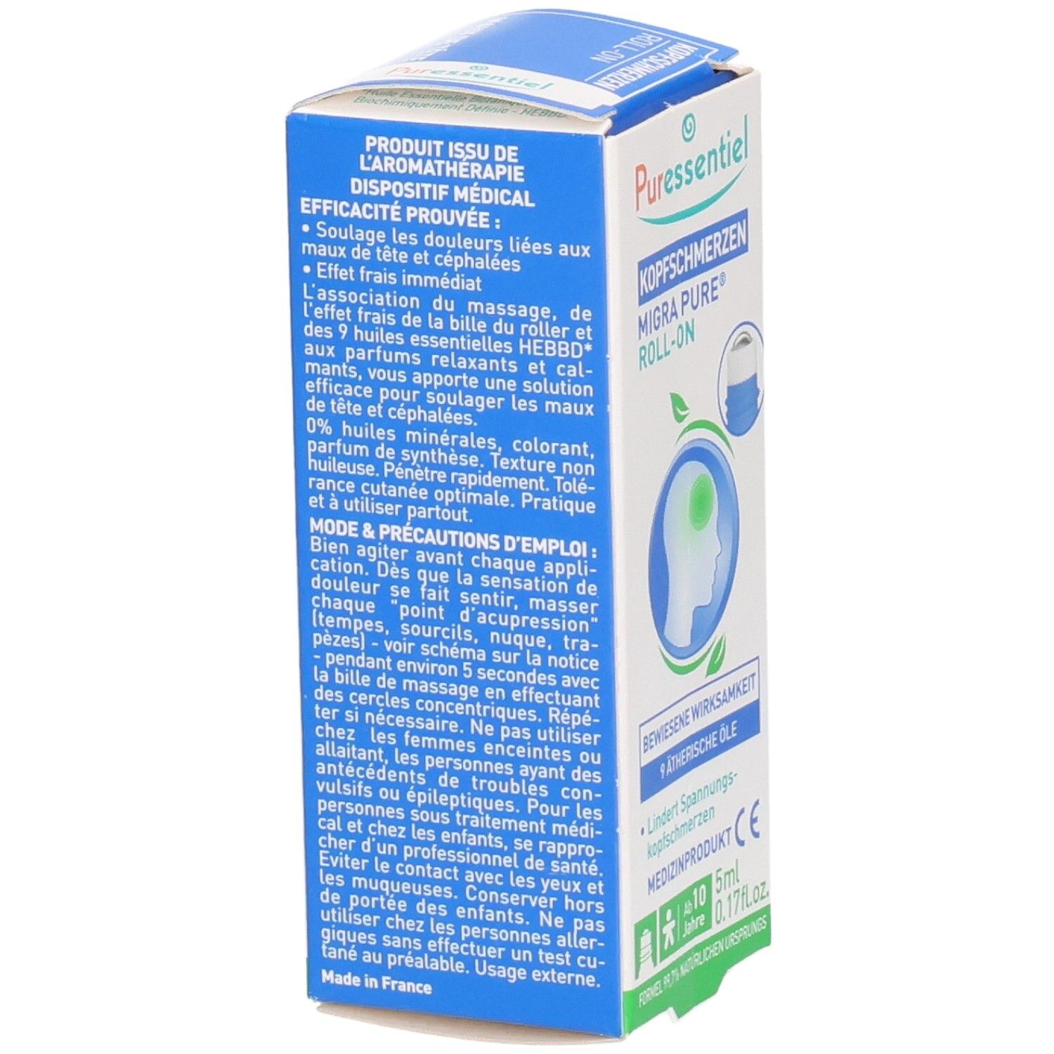 Seitenansicht der Puressentiel Migra Pure Roll-On Schachtel mit Anwendungshinweisen.