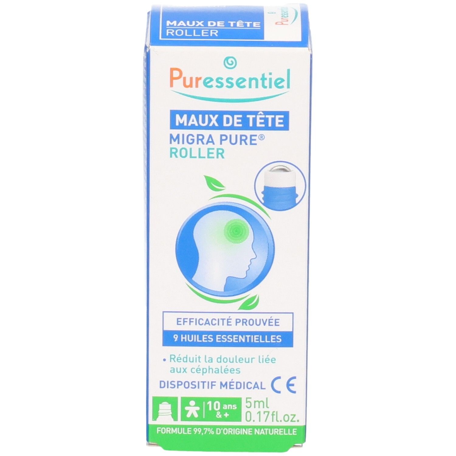 Puressentiel Migra Pure Roller Schachtel mit Kopfschmerz-Symbol und Anwendungshinweisen.
