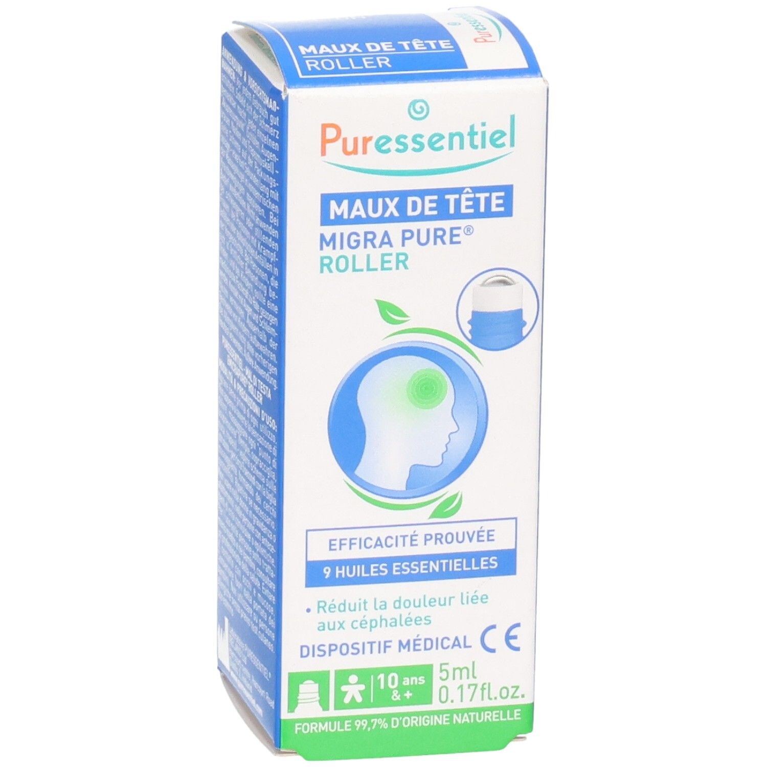 Puressentiel Migra Pure Roller Schachtel mit Kopfschmerz-Symbol und Anwendungshinweisen.