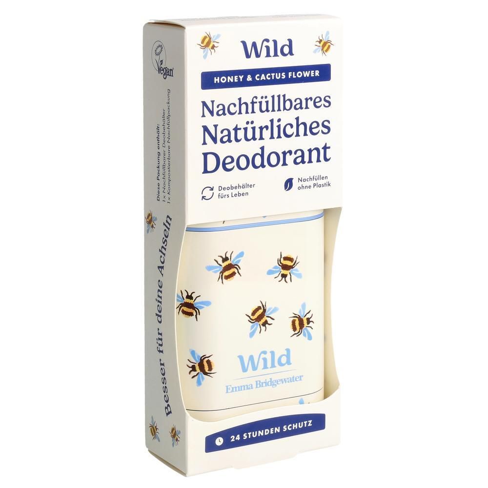 Verpackung für Wild Deodorant Stick Honey & Cactus Flower mit Bienenmotiv.