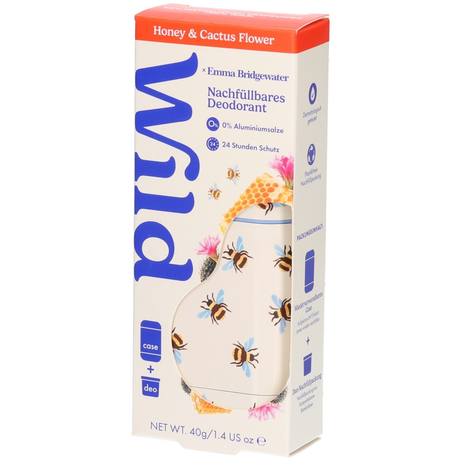 Wild Deodorant Stick Honey & Cactus Flower Verpackung, Vorderseite mit Bienenmotiv.
