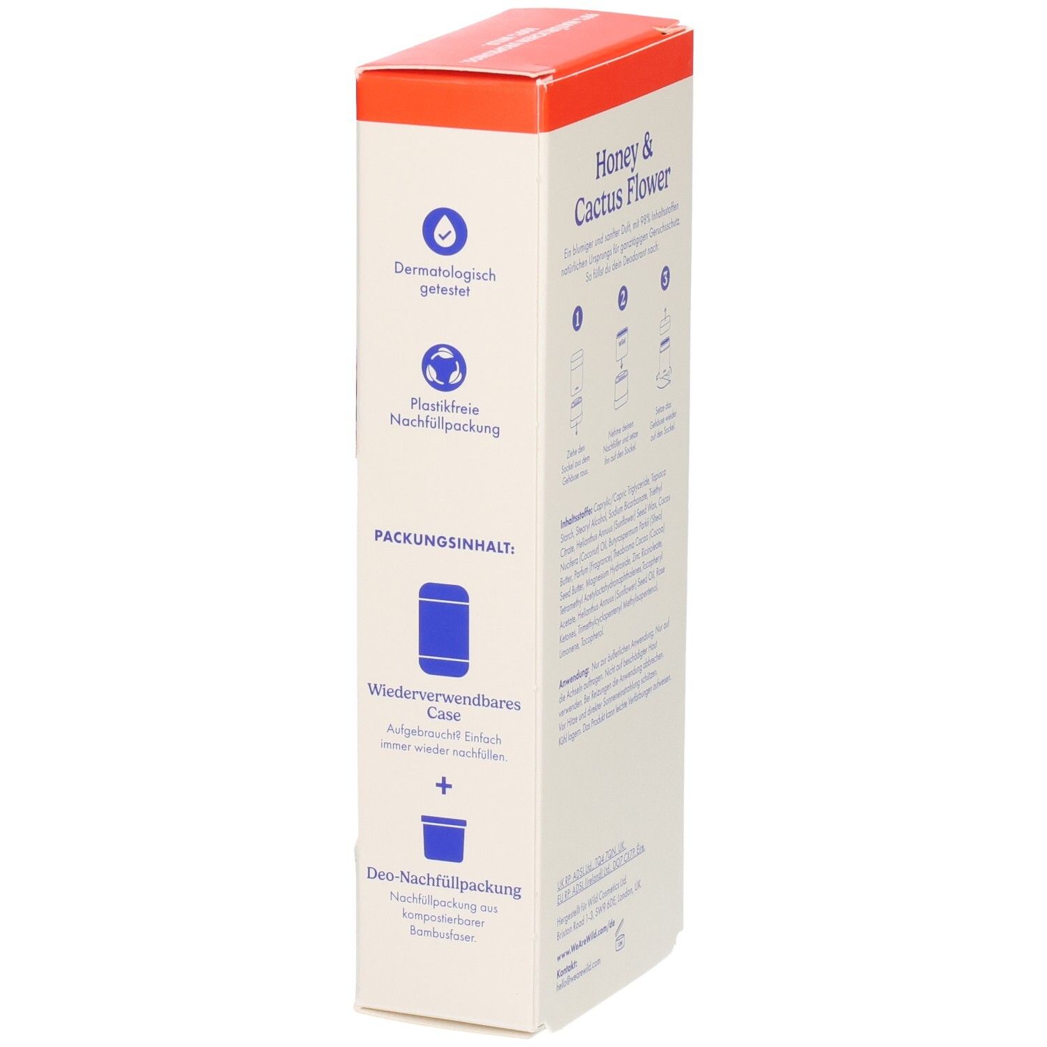 Wild Deodorant Stick Honey & Cactus Flower Verpackung, Seite mit Produktmerkmalen.