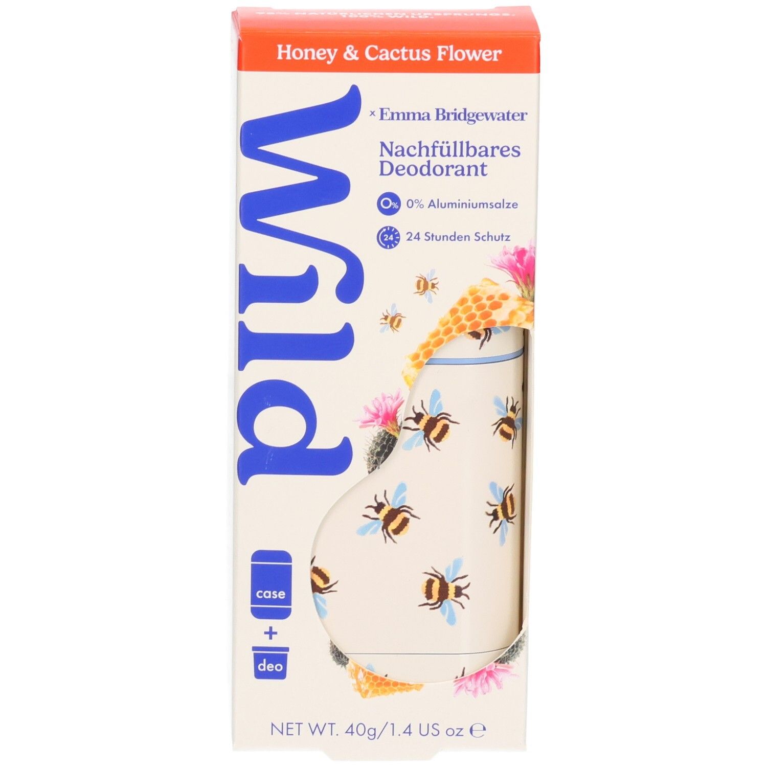 Wild Deodorant Stick Honey & Cactus Flower Verpackung, Vorderseite mit Bienenmotiv.