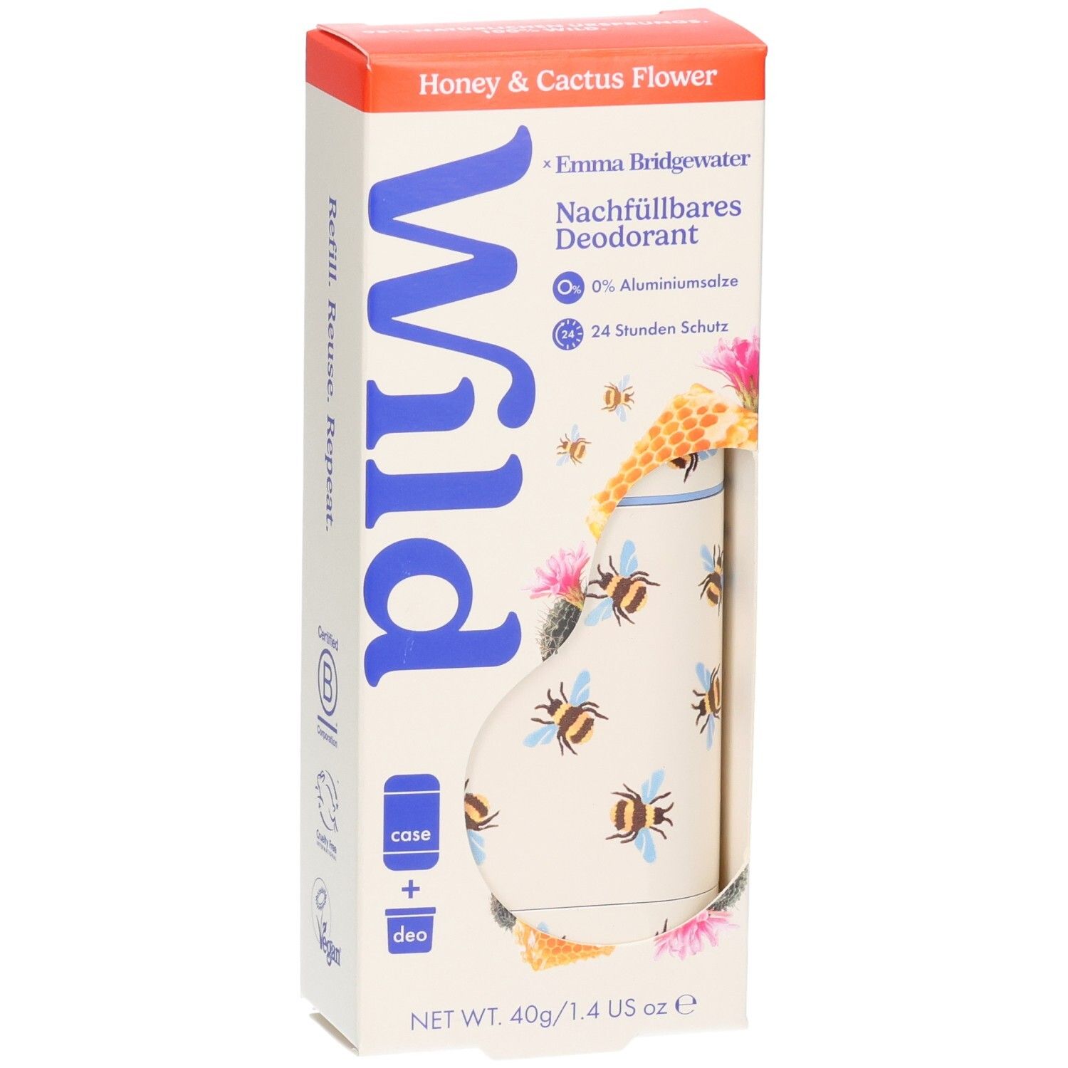 Wild Deodorant Stick Honey & Cactus Flower Verpackung, Vorderseite mit Bienenmotiv.