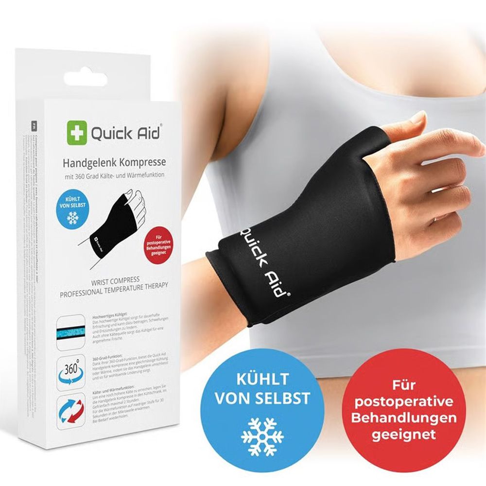 Quick Aid Handgelenk-Kompresse Grösse M: schwarze Bandage mit Kühl-/Wärmefunktion, für postoperative Behandlungen.