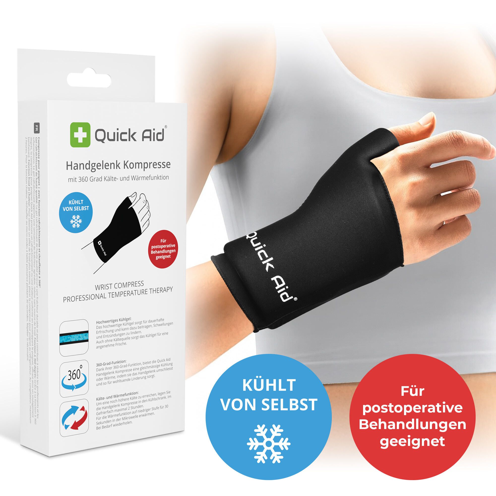 Quick Aid Handgelenk-Kompresse Grösse L: schwarze Bandage am Handgelenk, Verpackung mit Produktabbildung und Anwendungshinweisen.