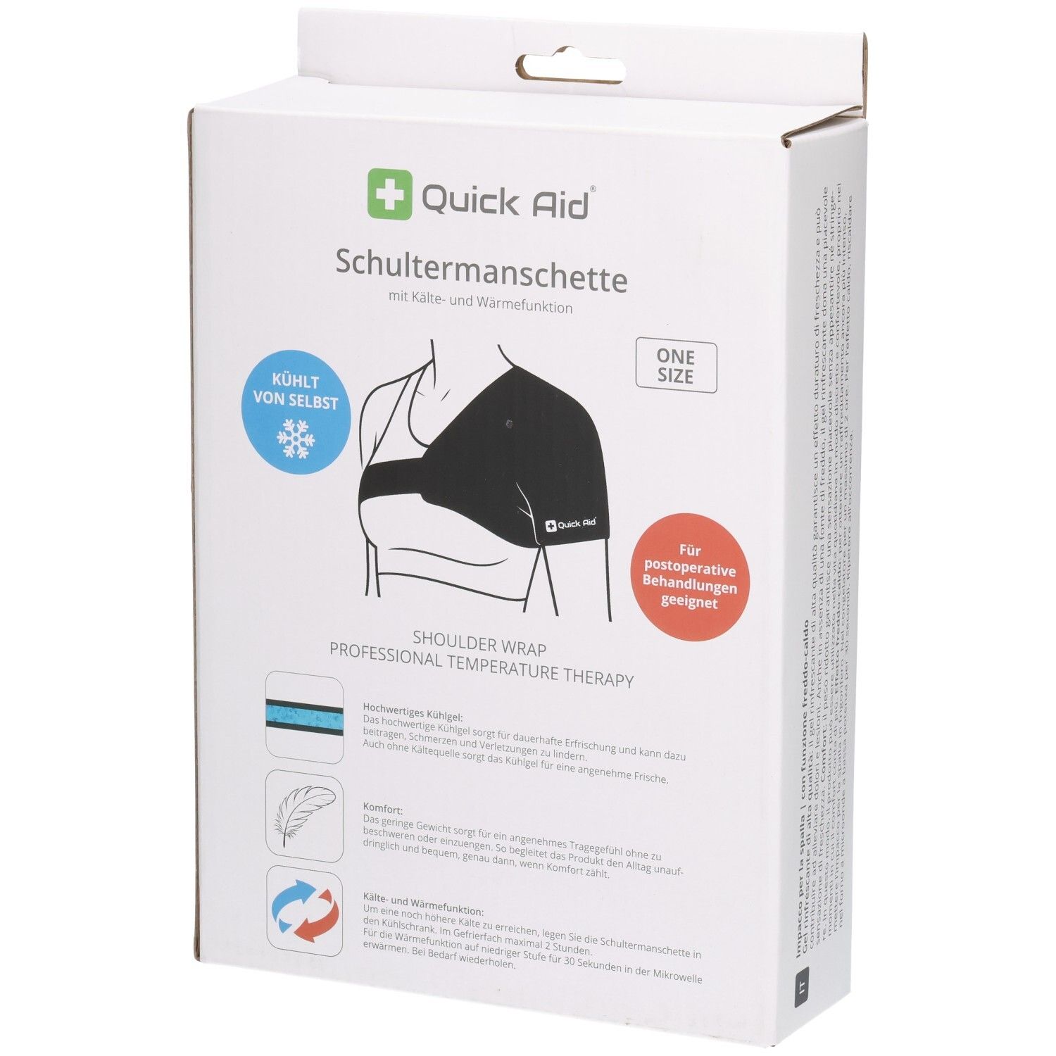 Verpackung der QUICK AID Schultermanschette mit Abbildung und Anwendungshinweisen.
